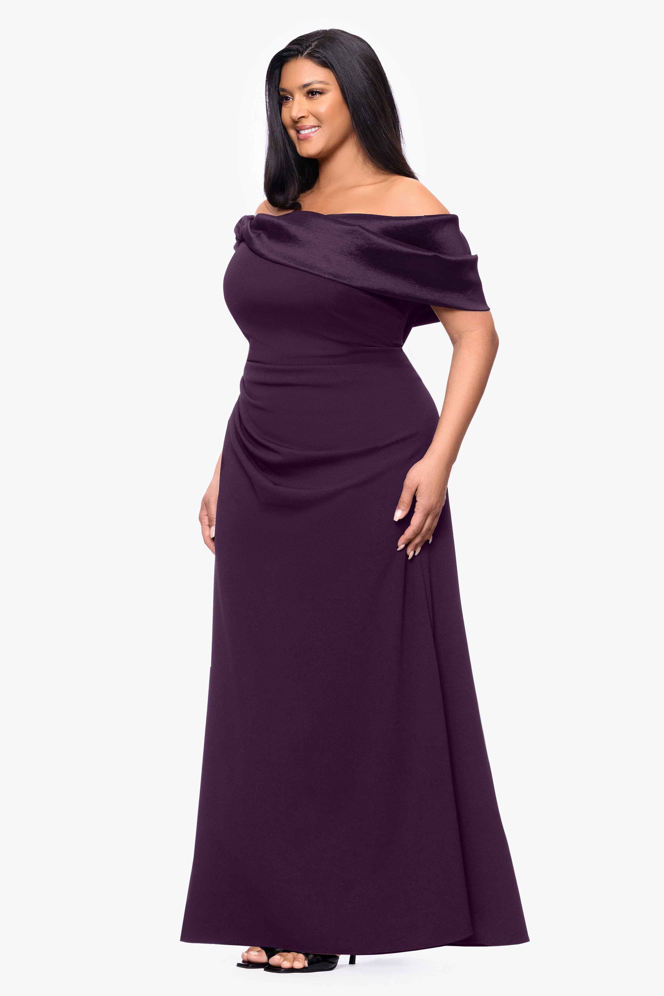 Plus "Monica" Scuba Crepe Off the Shoulder Taffeta Trim Ruch Floor Length Dress