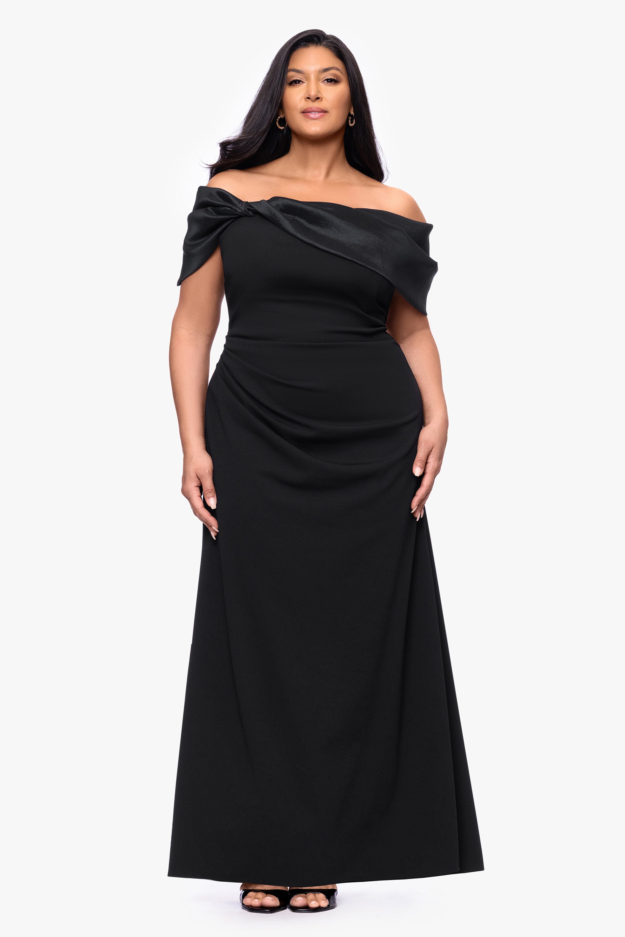 Plus "Monica" Scuba Crepe Off the Shoulder Taffeta Trim Ruch Floor Length Dress