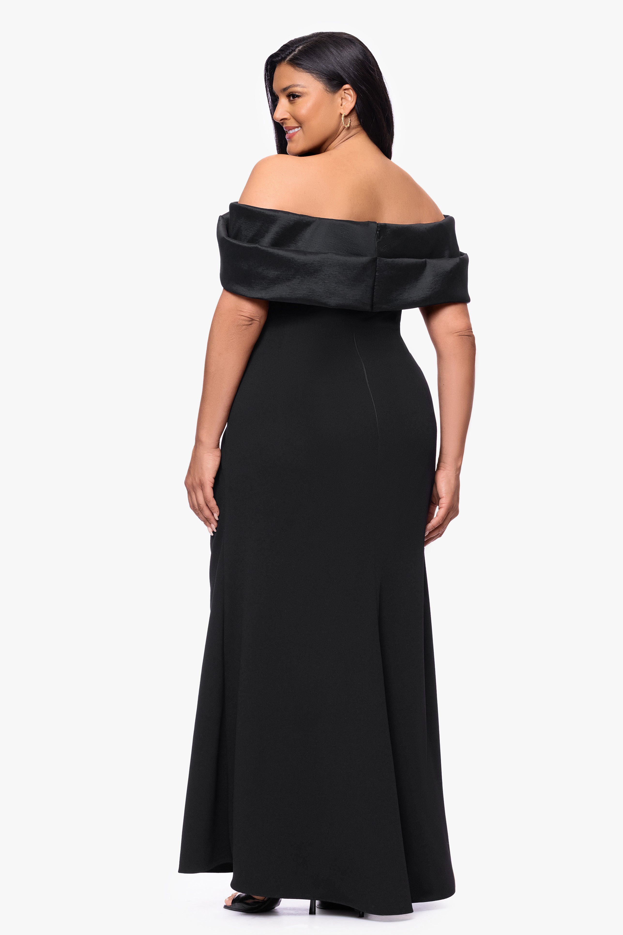 Plus "Monica" Scuba Crepe Off the Shoulder Taffeta Trim Ruch Floor Length Dress