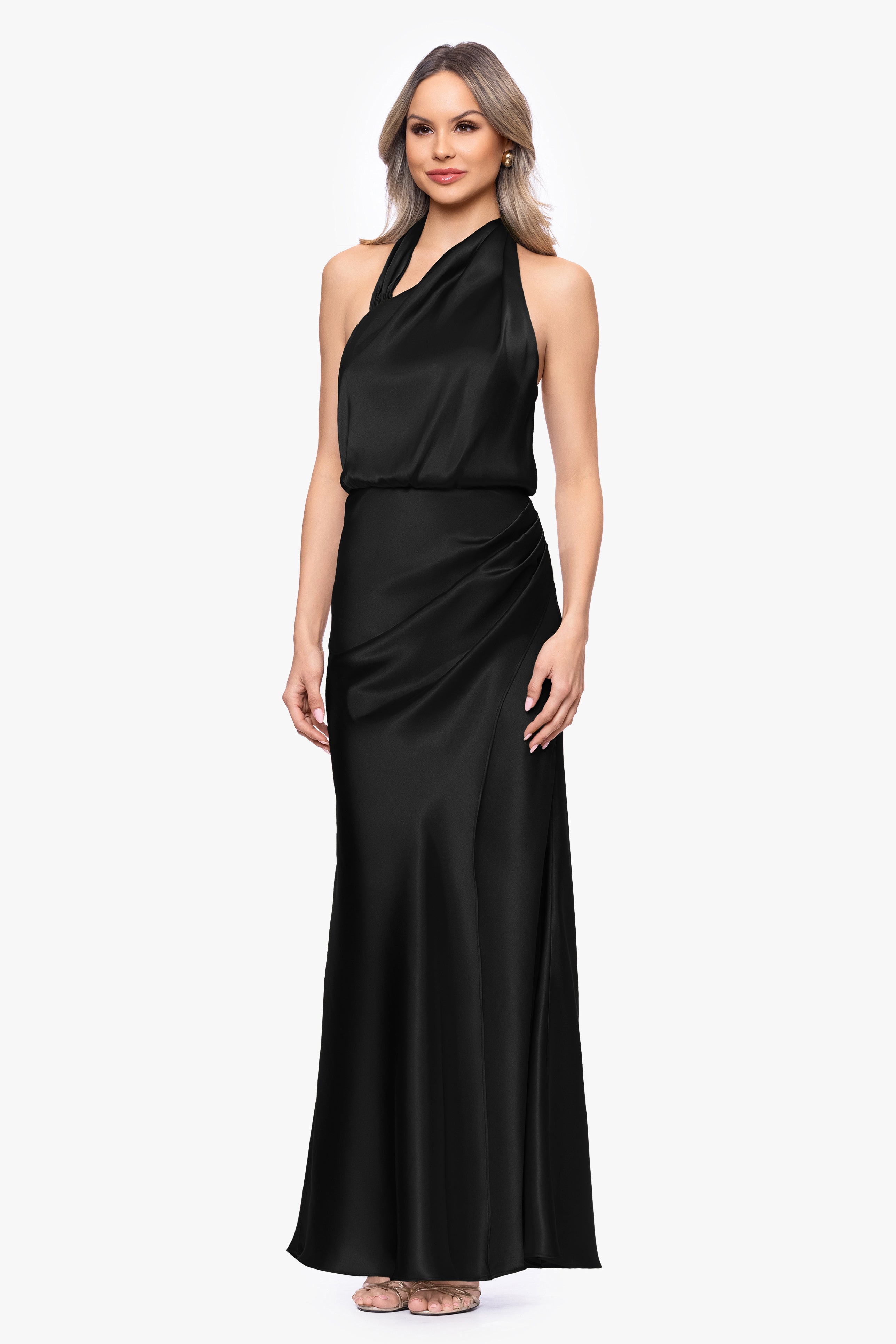 "Willow" Satin Halter Asymmetrical Floor Length Dress