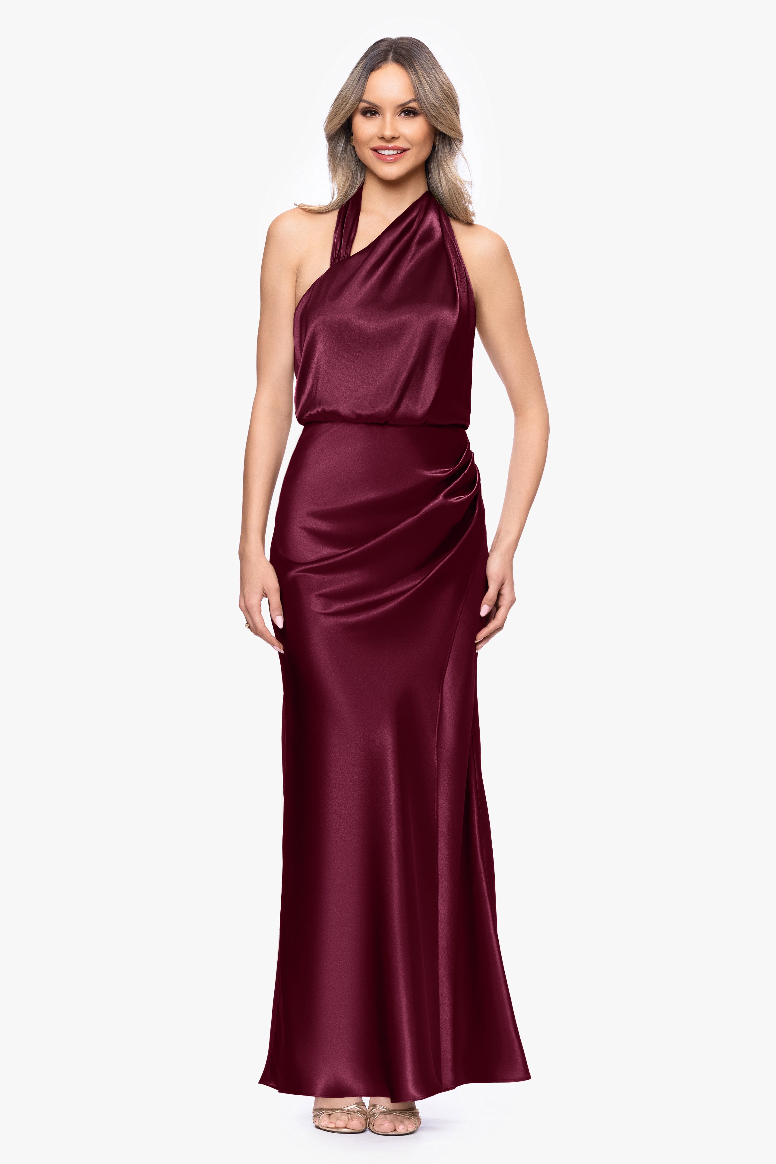"Willow" Satin Halter Asymmetrical Floor Length Dress