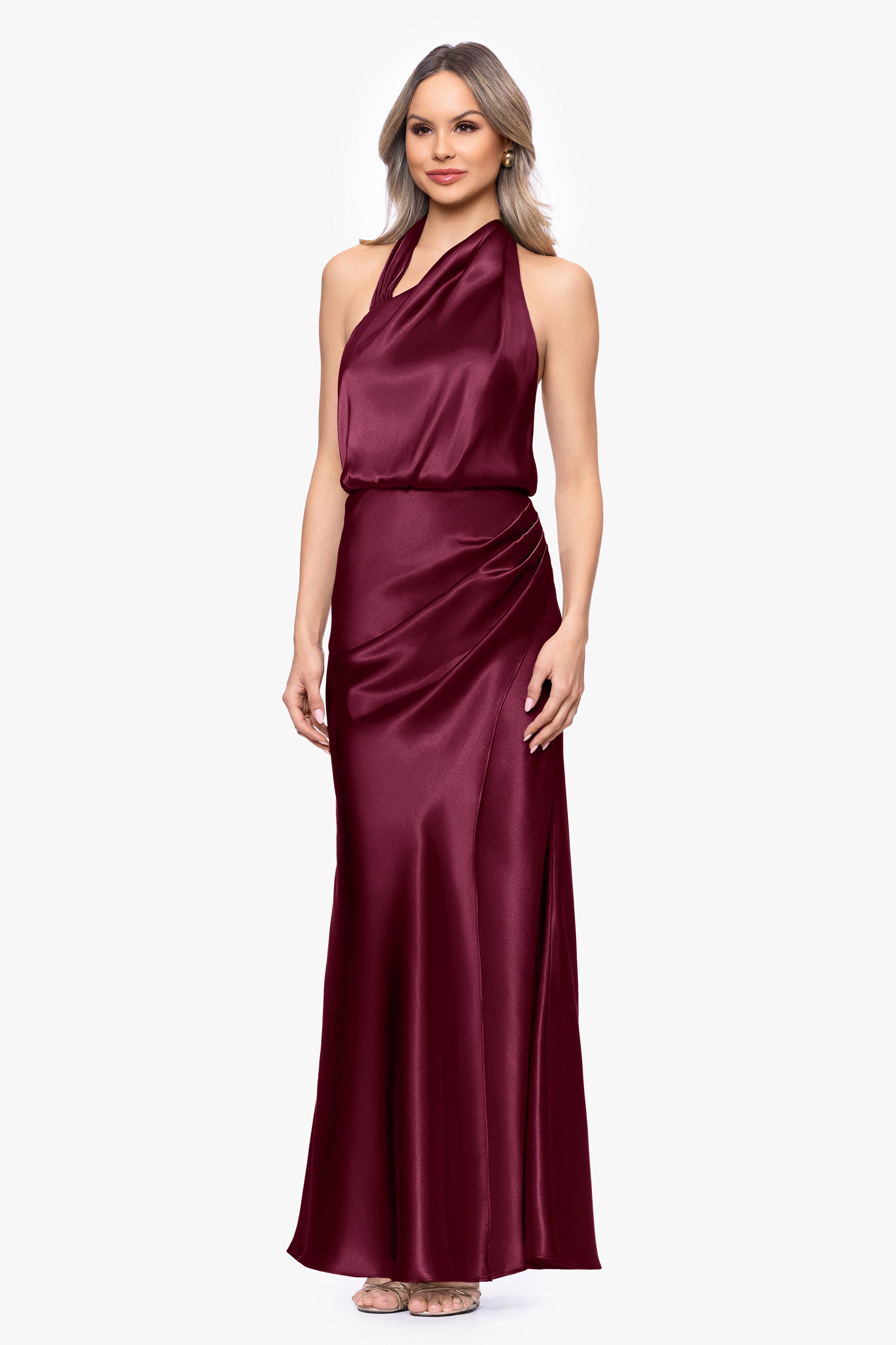 "Willow" Satin Halter Asymmetrical Floor Length Dress