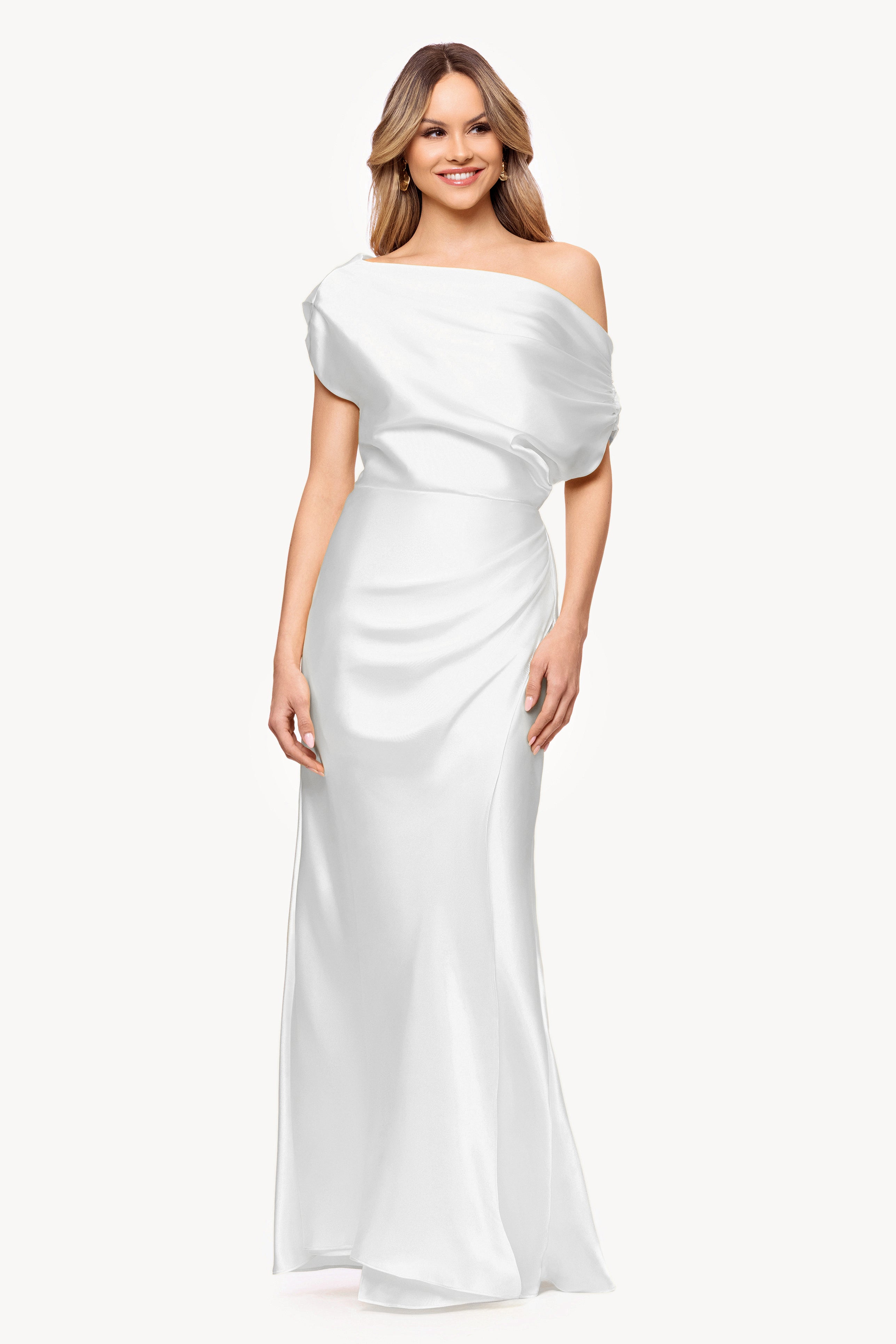 "Sofia" Satin Drop Shoulder Floor Length Dress