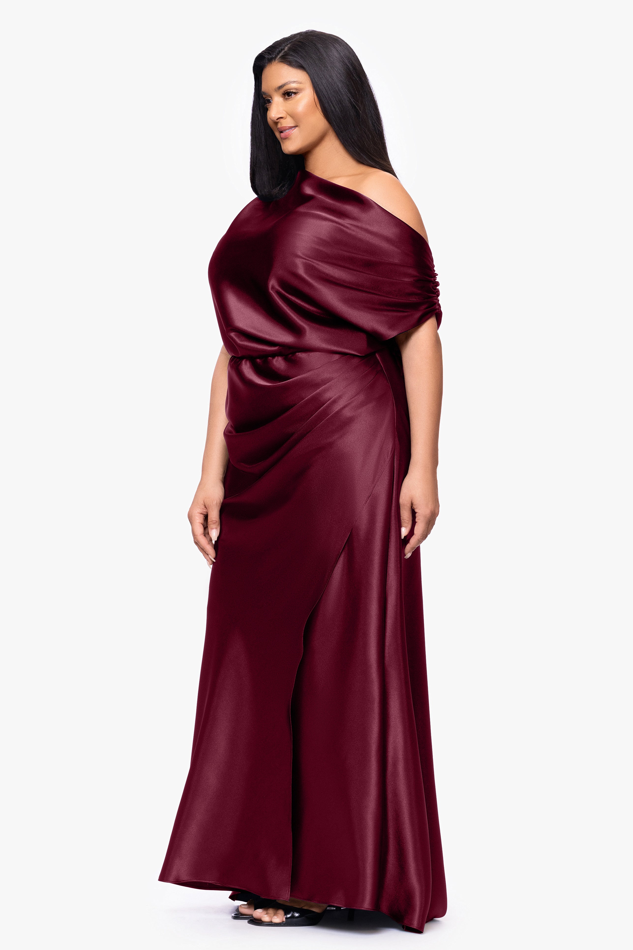 Plus "Sofia" Satin Drop Shoulder Floor Length Dress