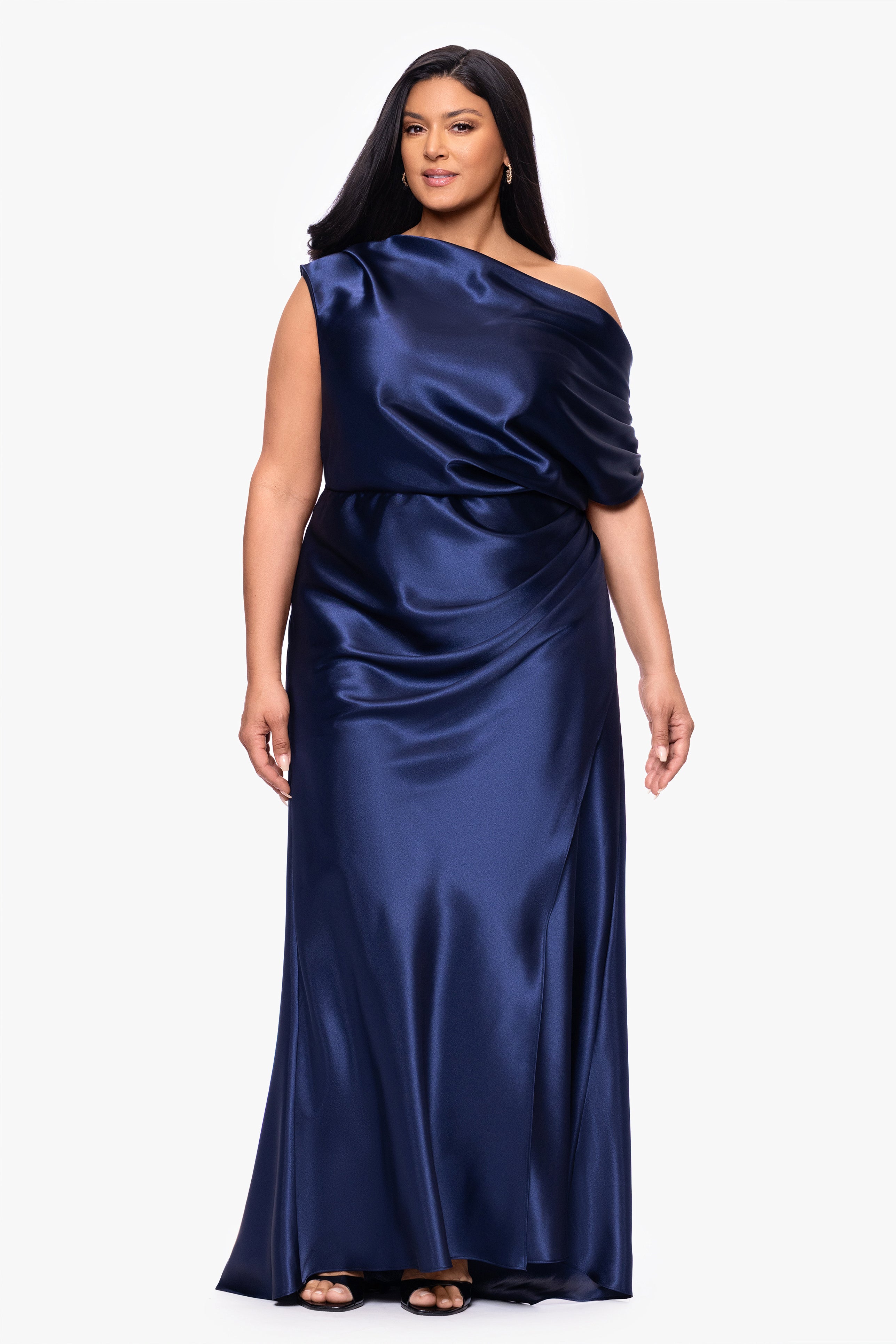 Plus "Sofia" Satin Drop Shoulder Floor Length Dress