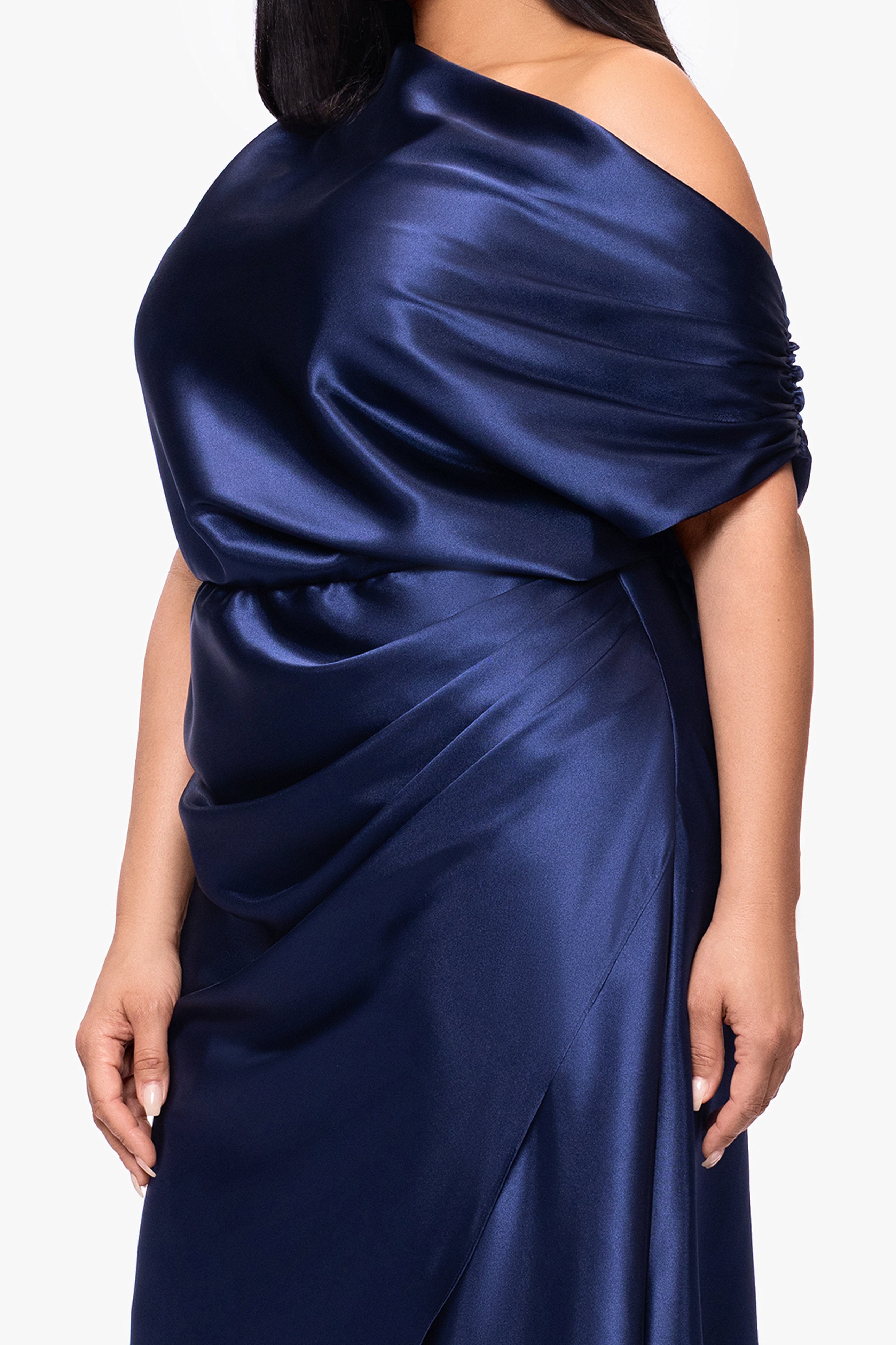 Plus "Sofia" Satin Drop Shoulder Floor Length Dress
