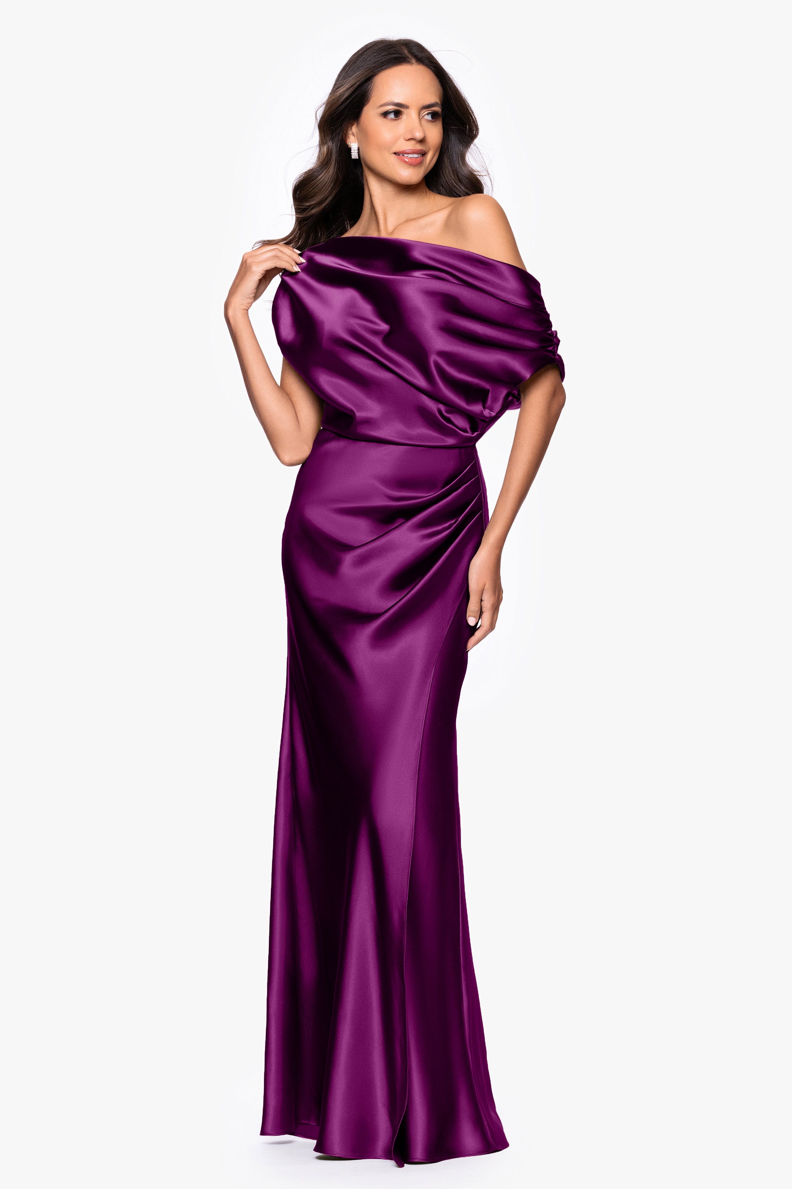 "Sofia" Satin Drop Shoulder Floor Length Dress