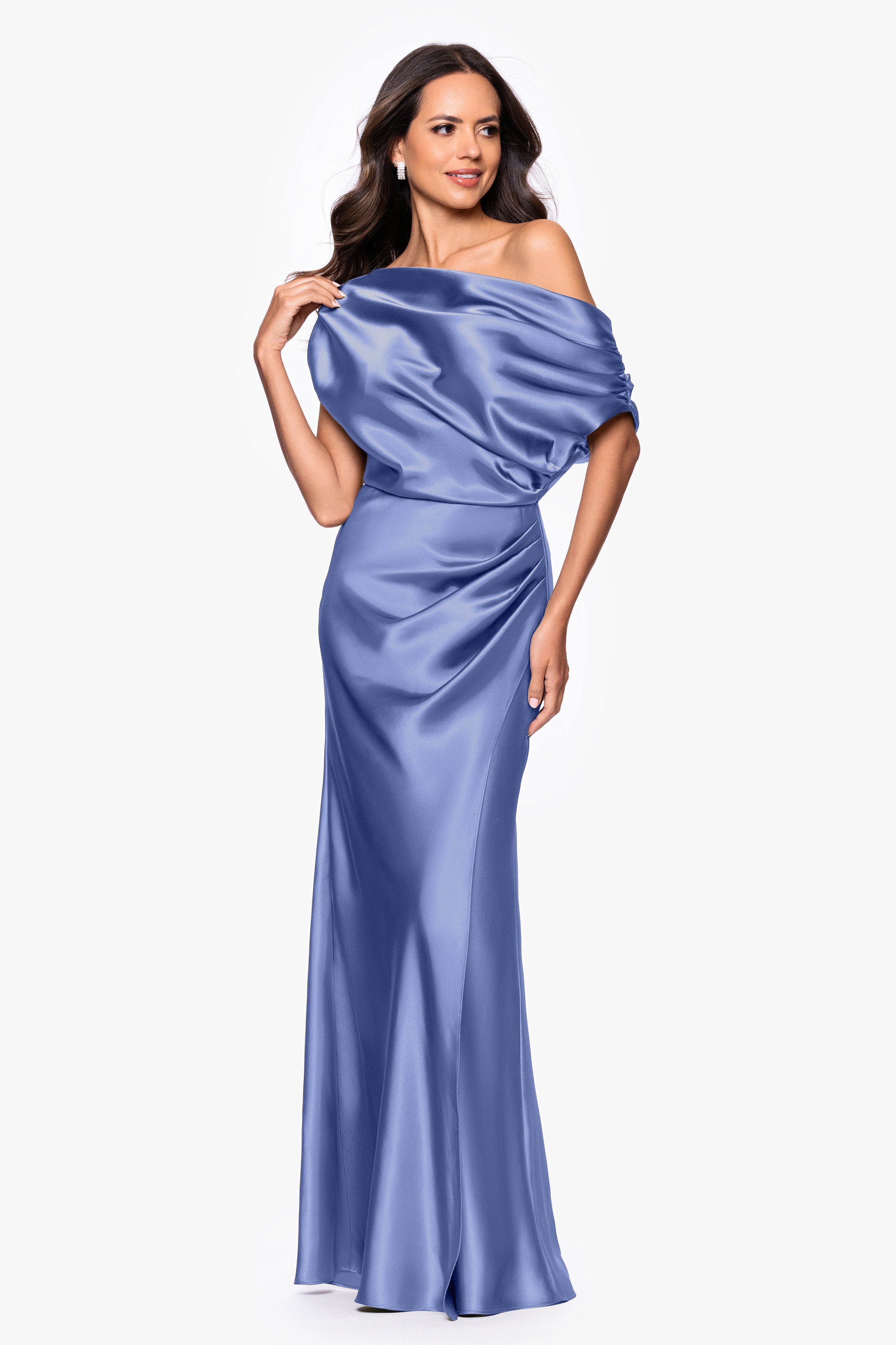 "Sofia" Satin Drop Shoulder Floor Length Dress