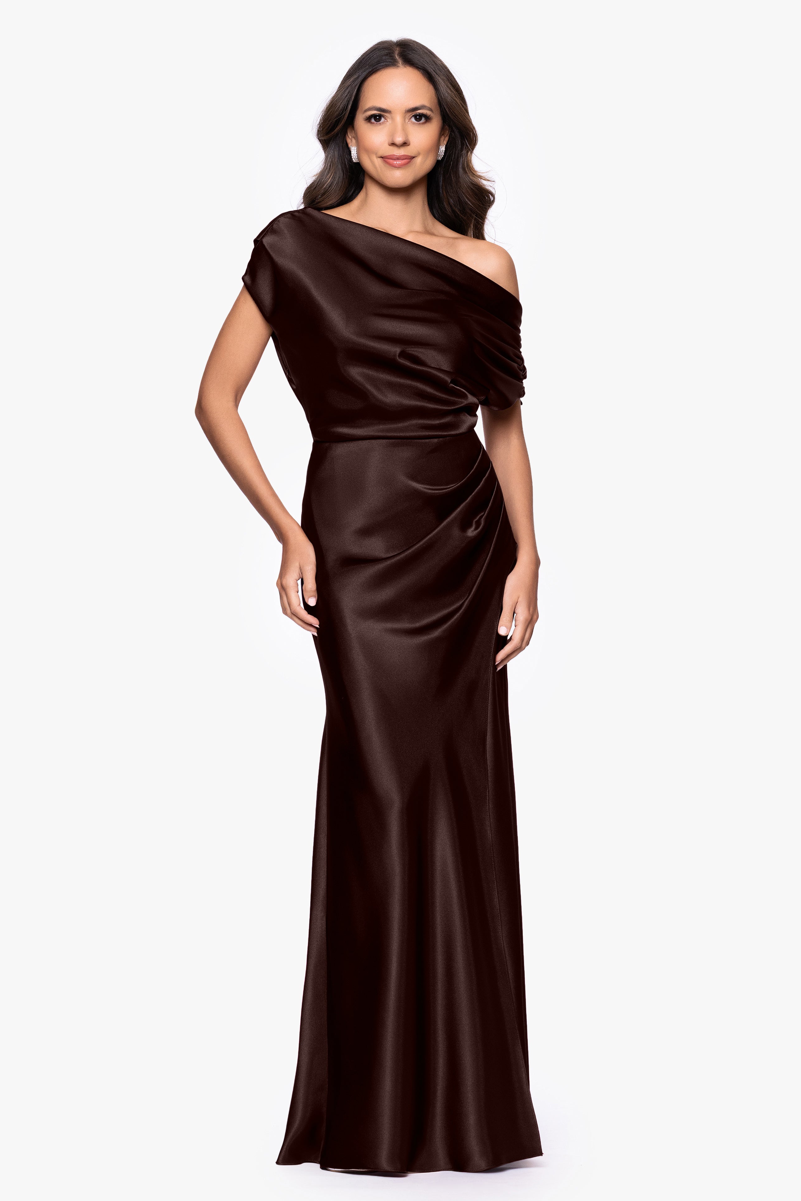 "Sofia" Satin Drop Shoulder Floor Length Dress