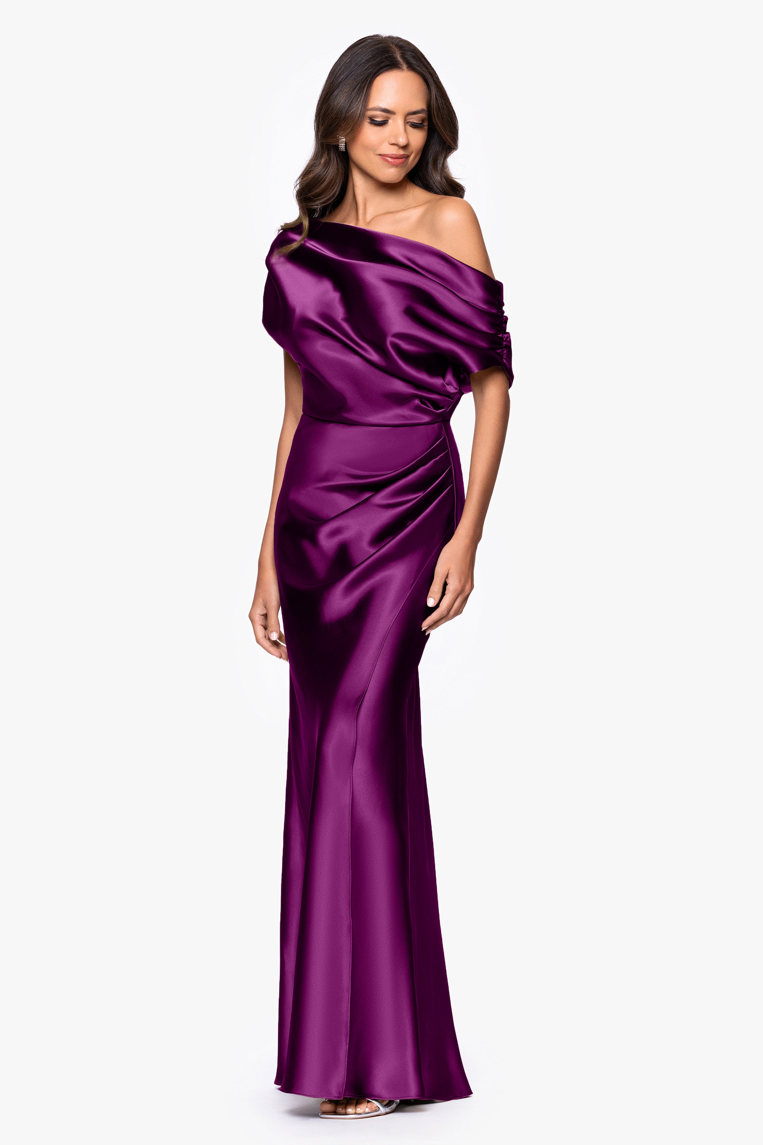 "Sofia" Satin Drop Shoulder Floor Length Dress