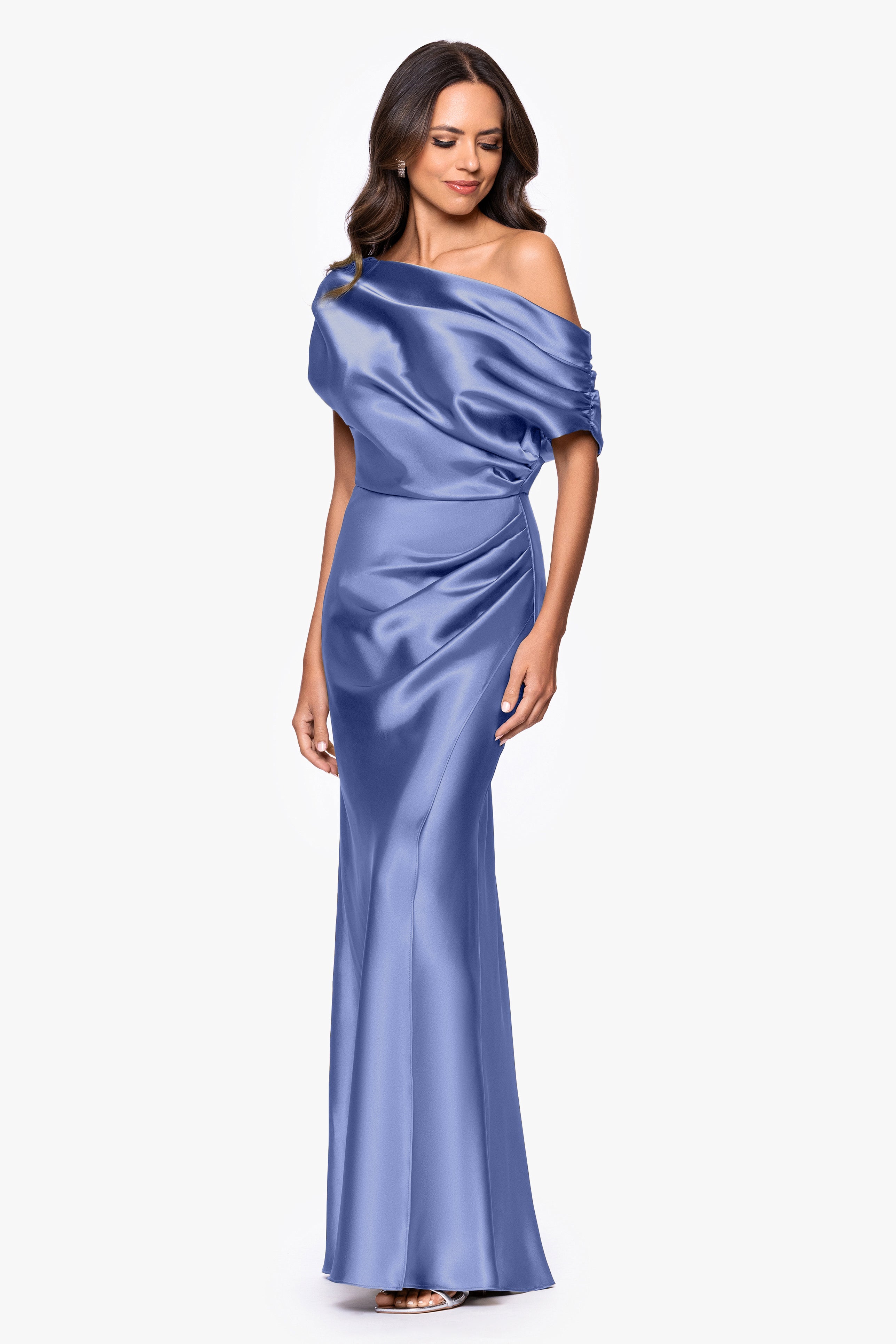 "Sofia" Satin Drop Shoulder Floor Length Dress