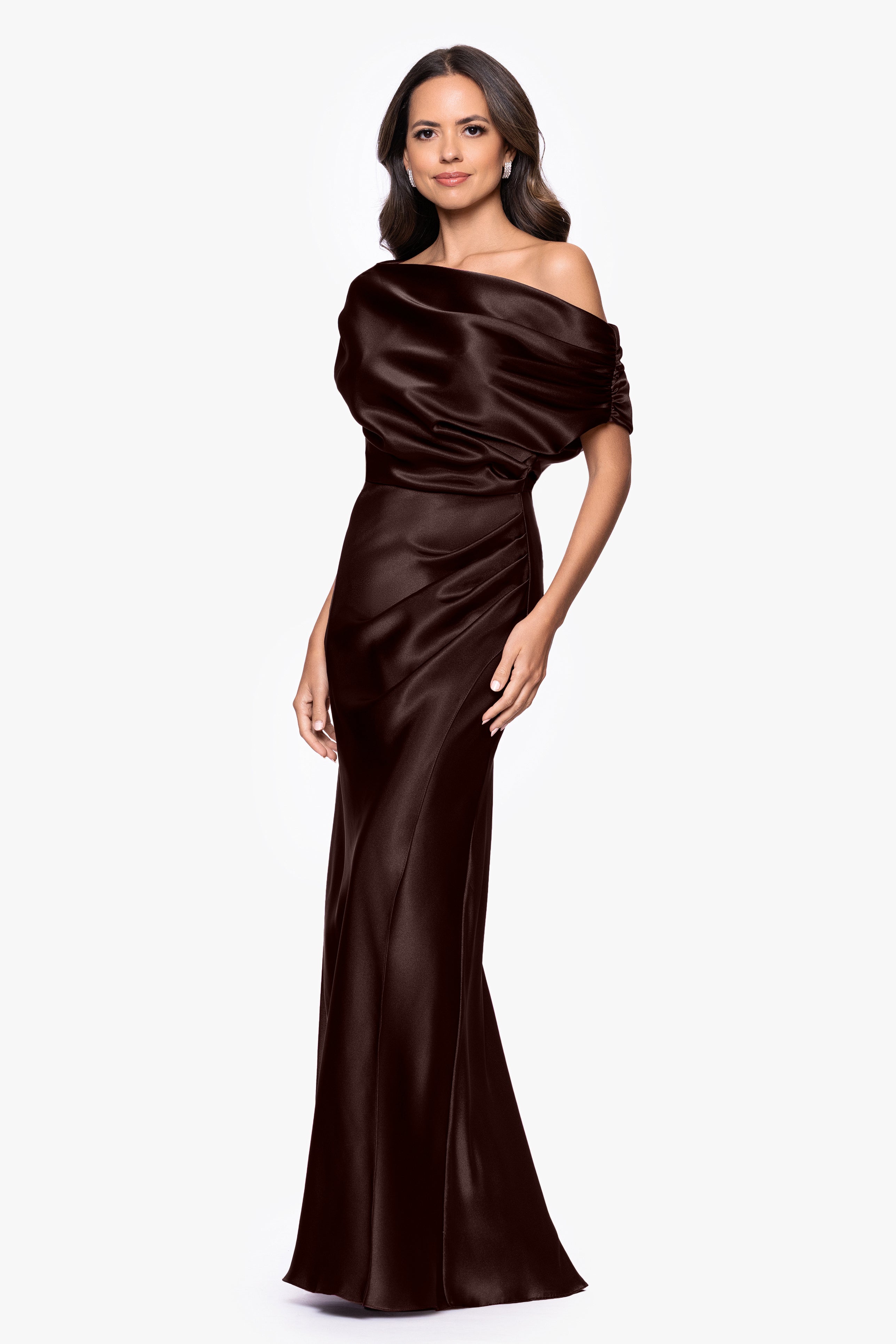 Petite "Sofia" Satin Drop Shoulder Floor Length Dress