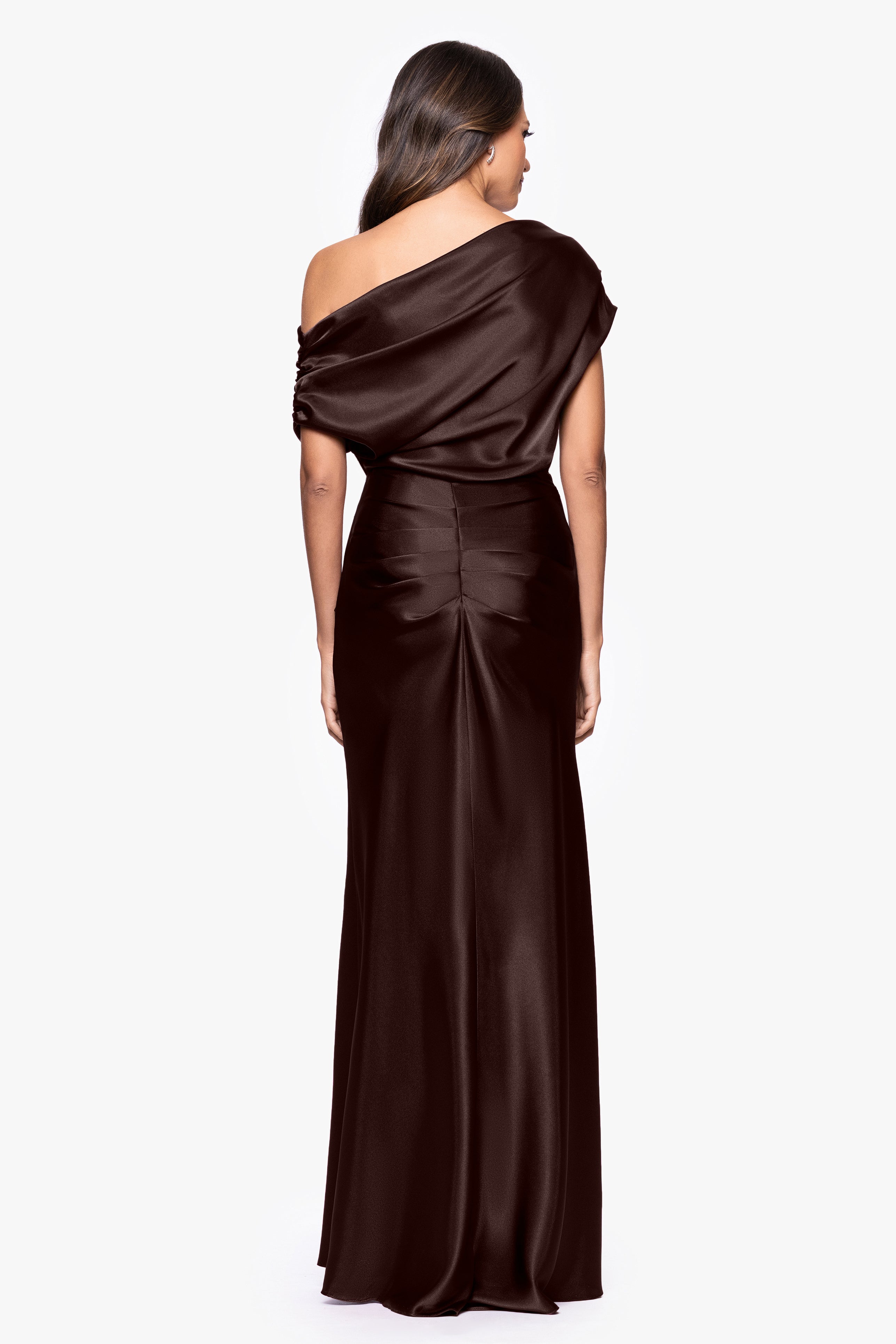 Petite "Sofia" Satin Drop Shoulder Floor Length Dress
