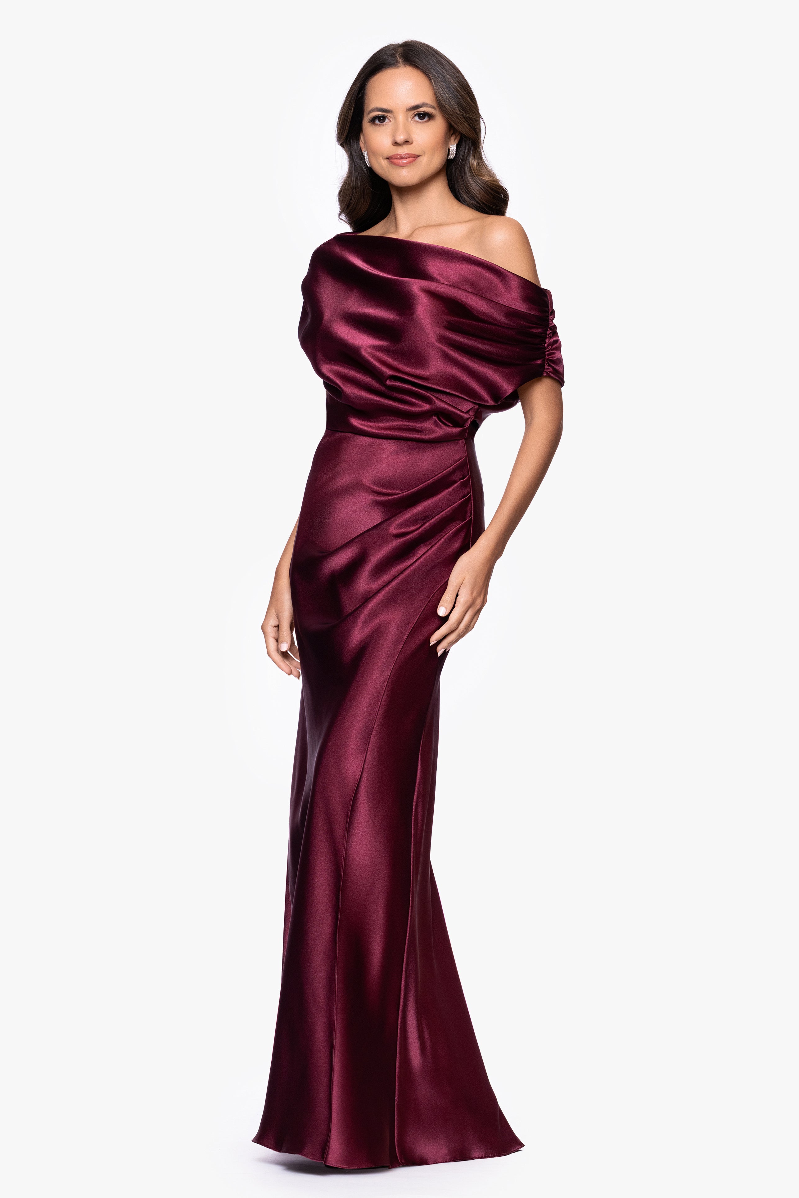Petite "Sofia" Satin Drop Shoulder Floor Length Dress
