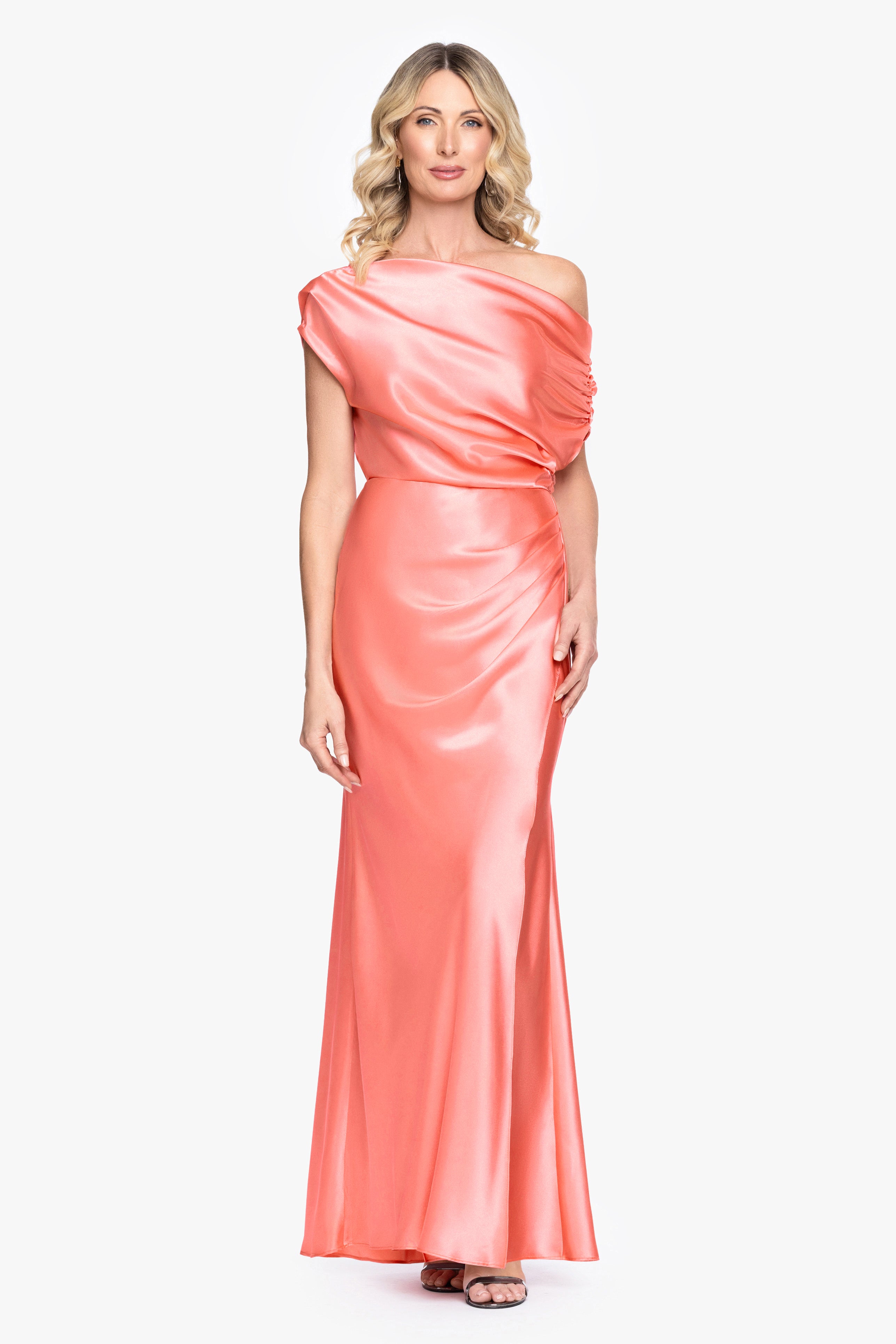 "Sofia" Satin Drop Shoulder Floor Length Dress