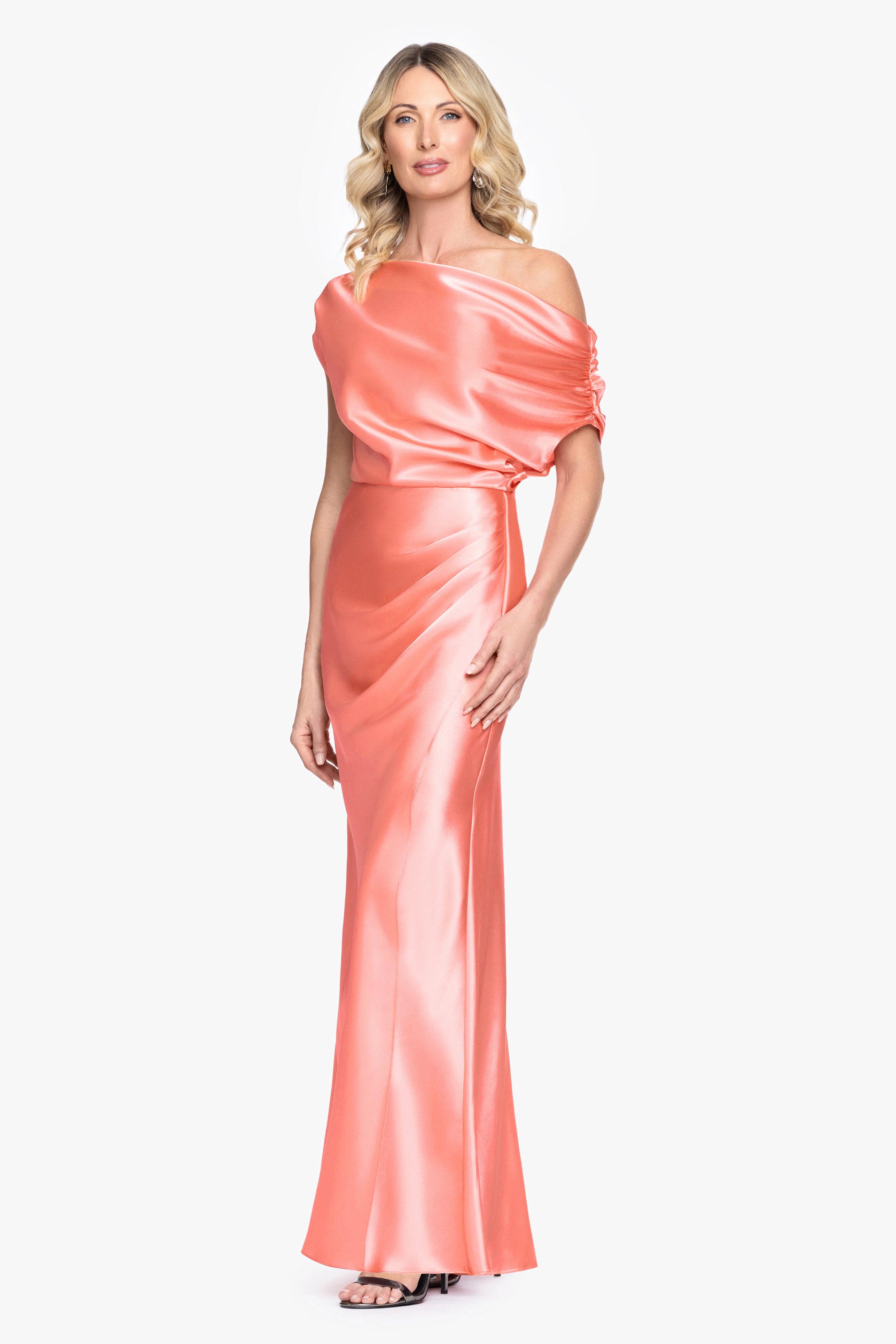 "Sofia" Satin Drop Shoulder Floor Length Dress