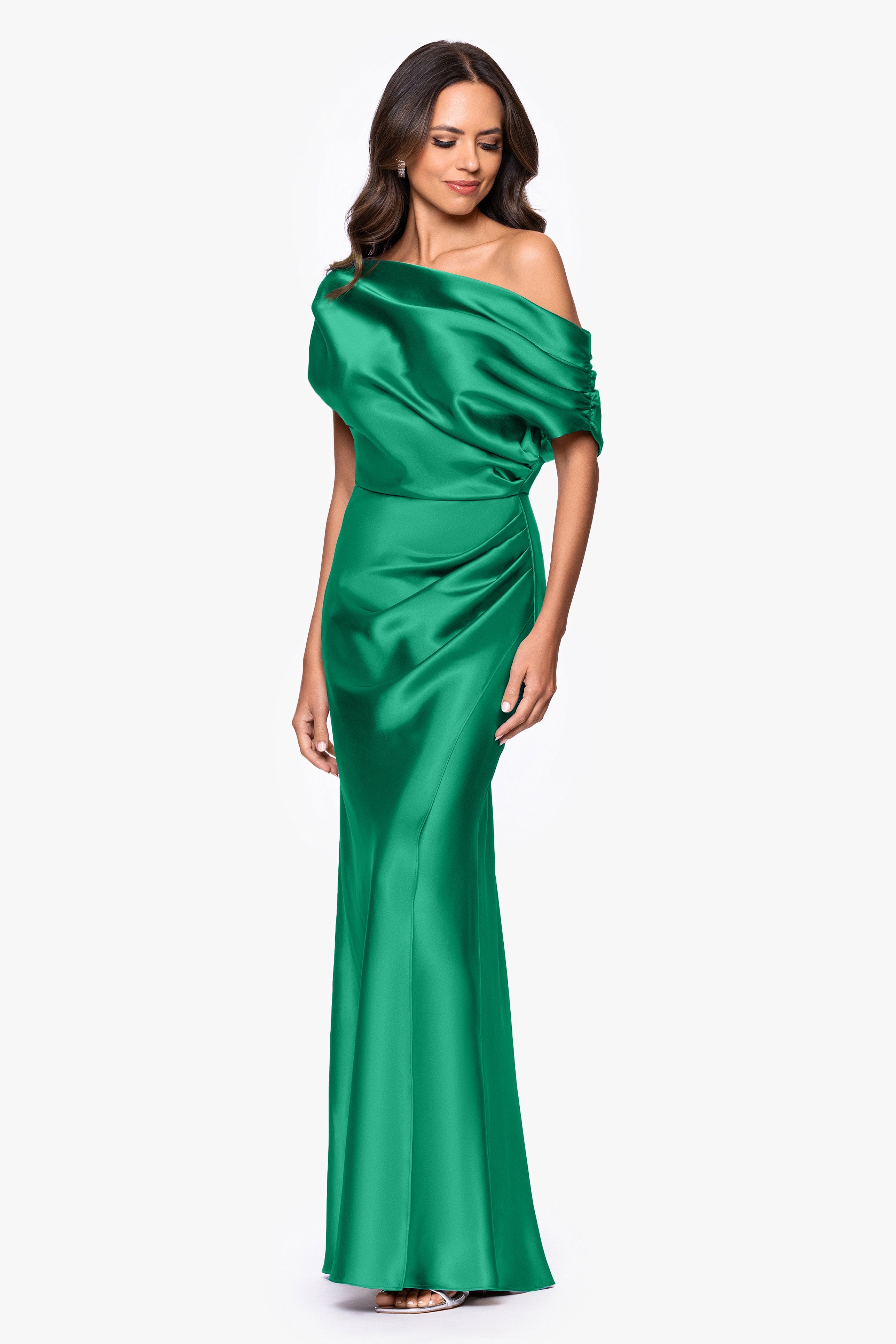 "Sofia" Satin Drop Shoulder Floor Length Dress