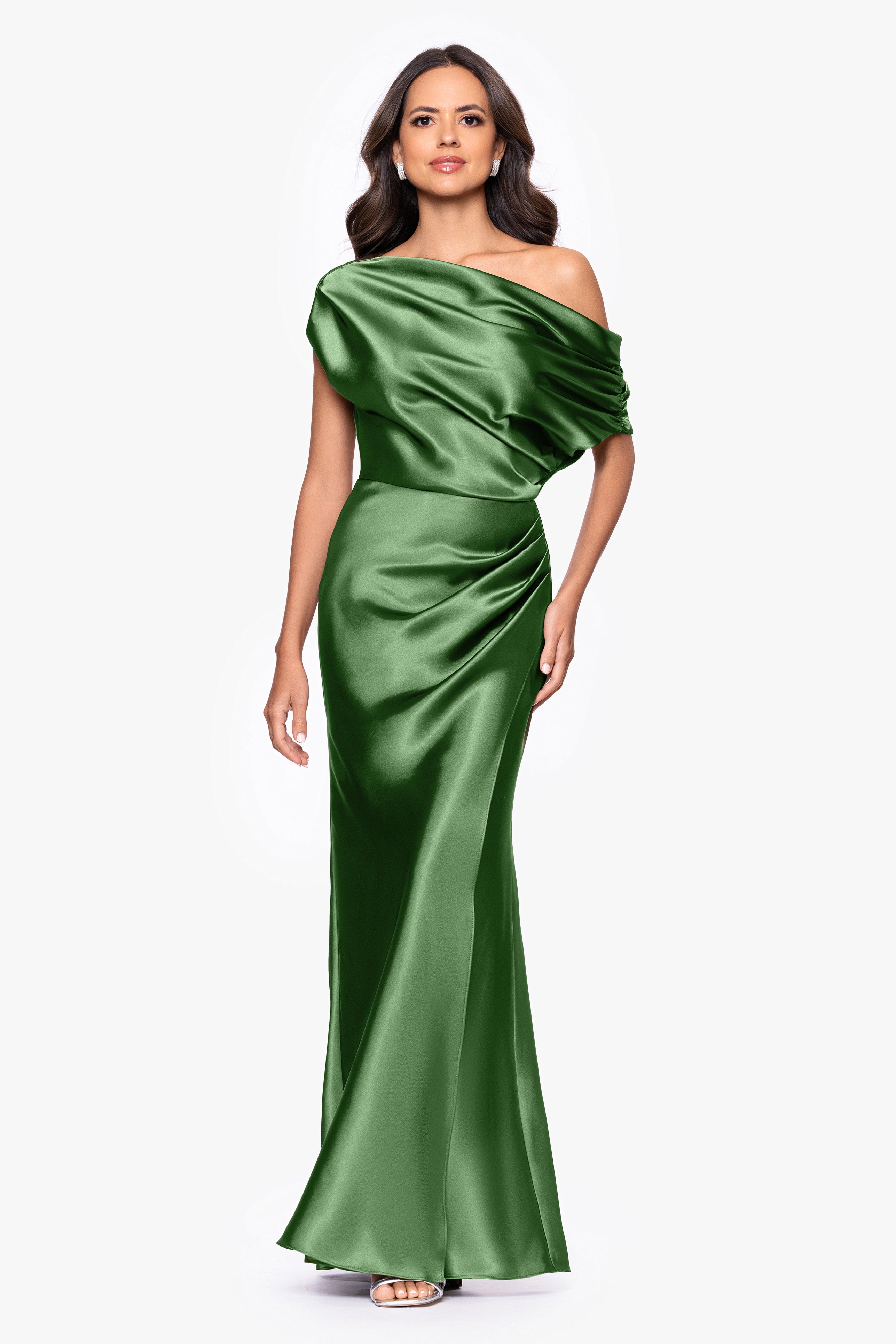 Petite "Sofia" Satin Drop Shoulder Floor Length Dress
