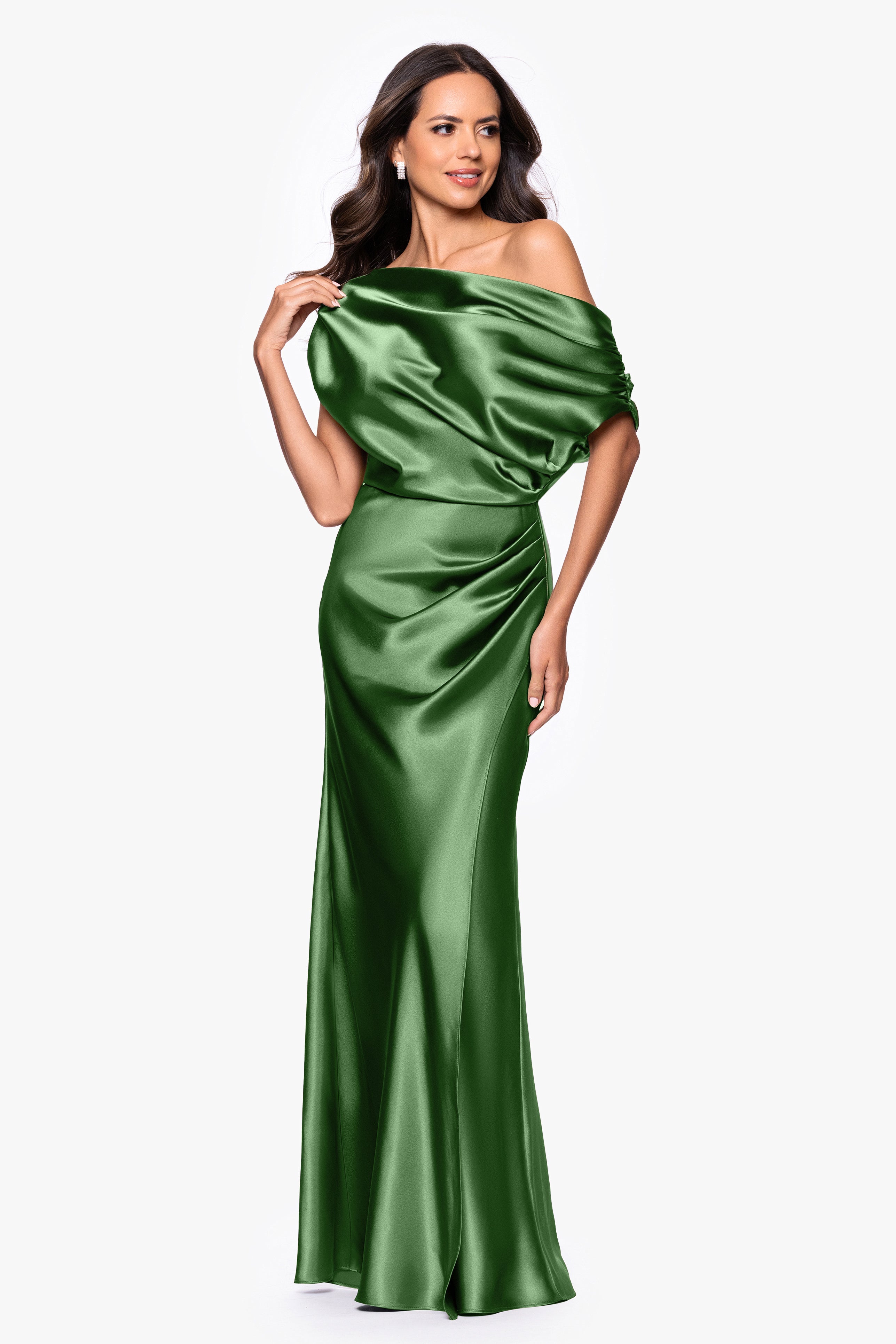 Petite "Sofia" Satin Drop Shoulder Floor Length Dress