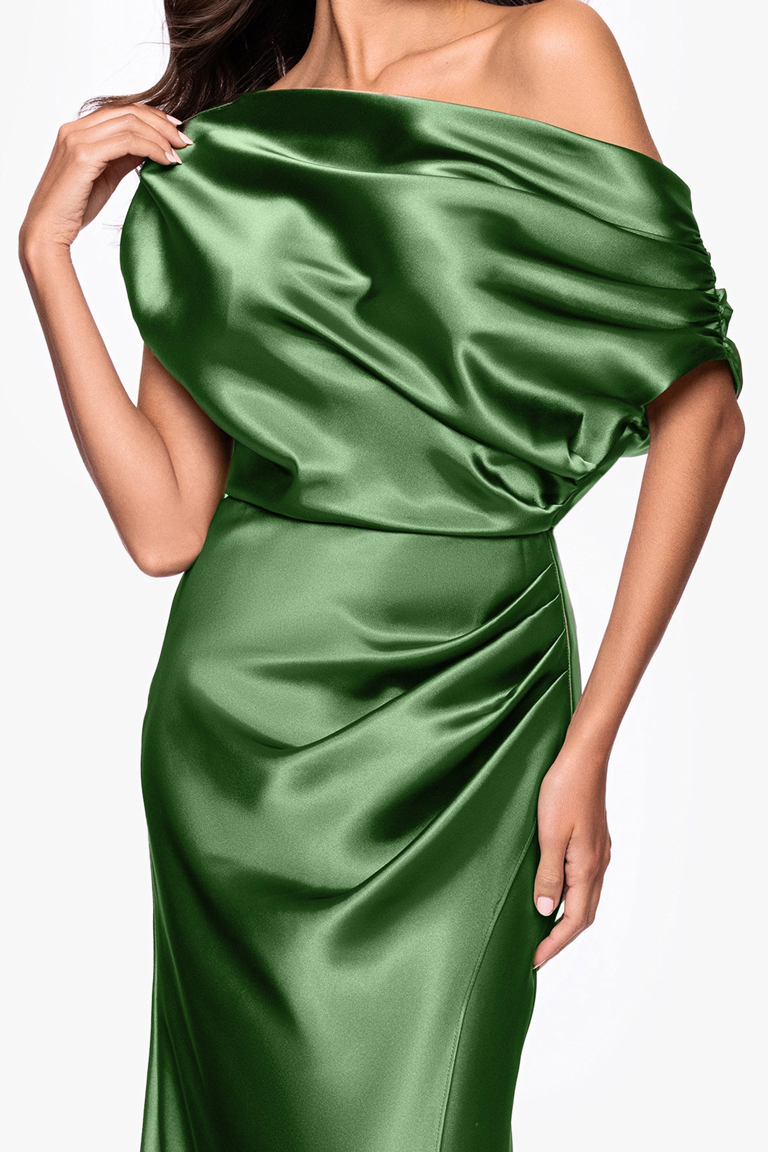 Petite "Sofia" Satin Drop Shoulder Floor Length Dress