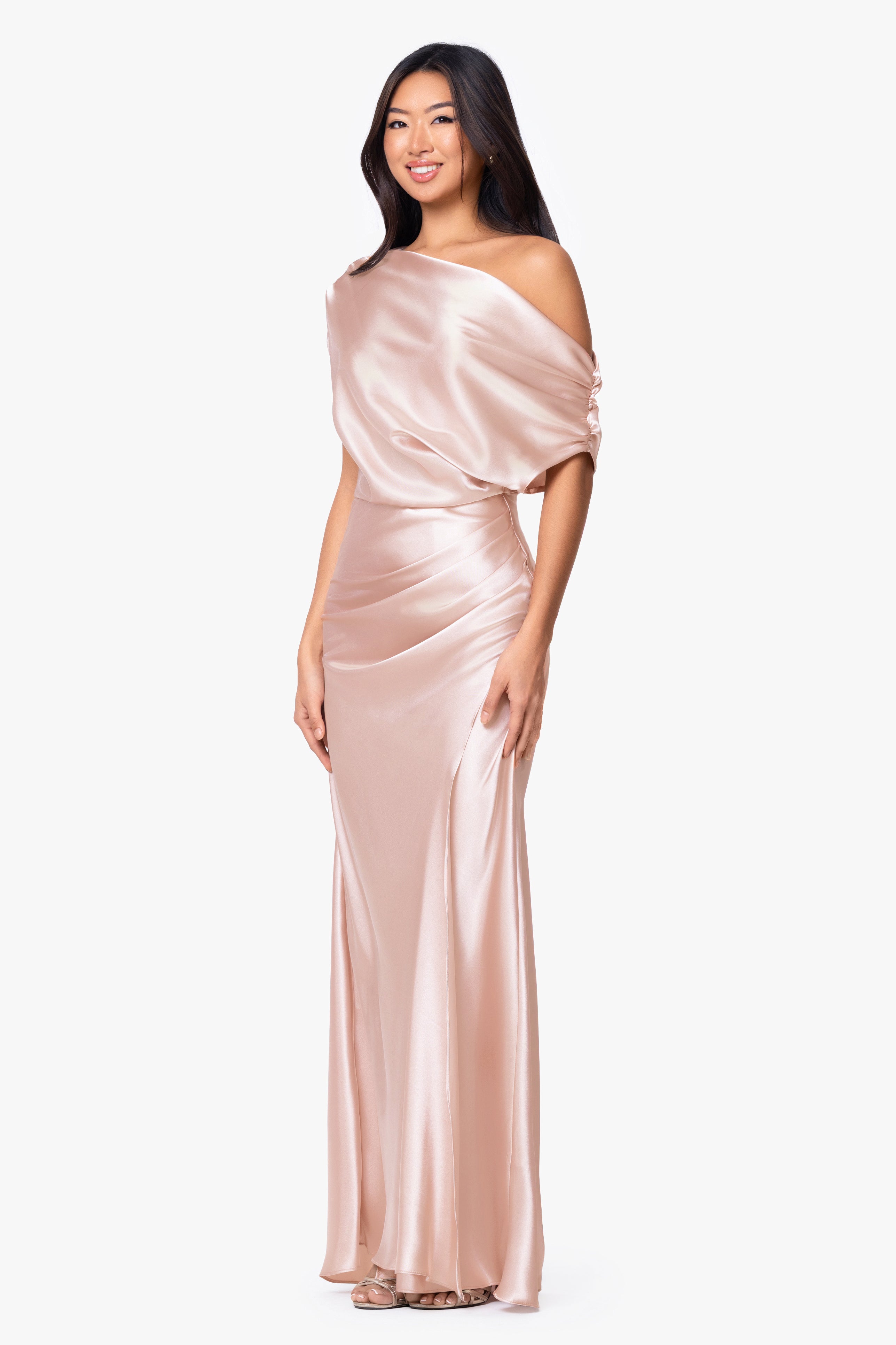 "Sofia" Satin Drop Shoulder Floor Length Dress
