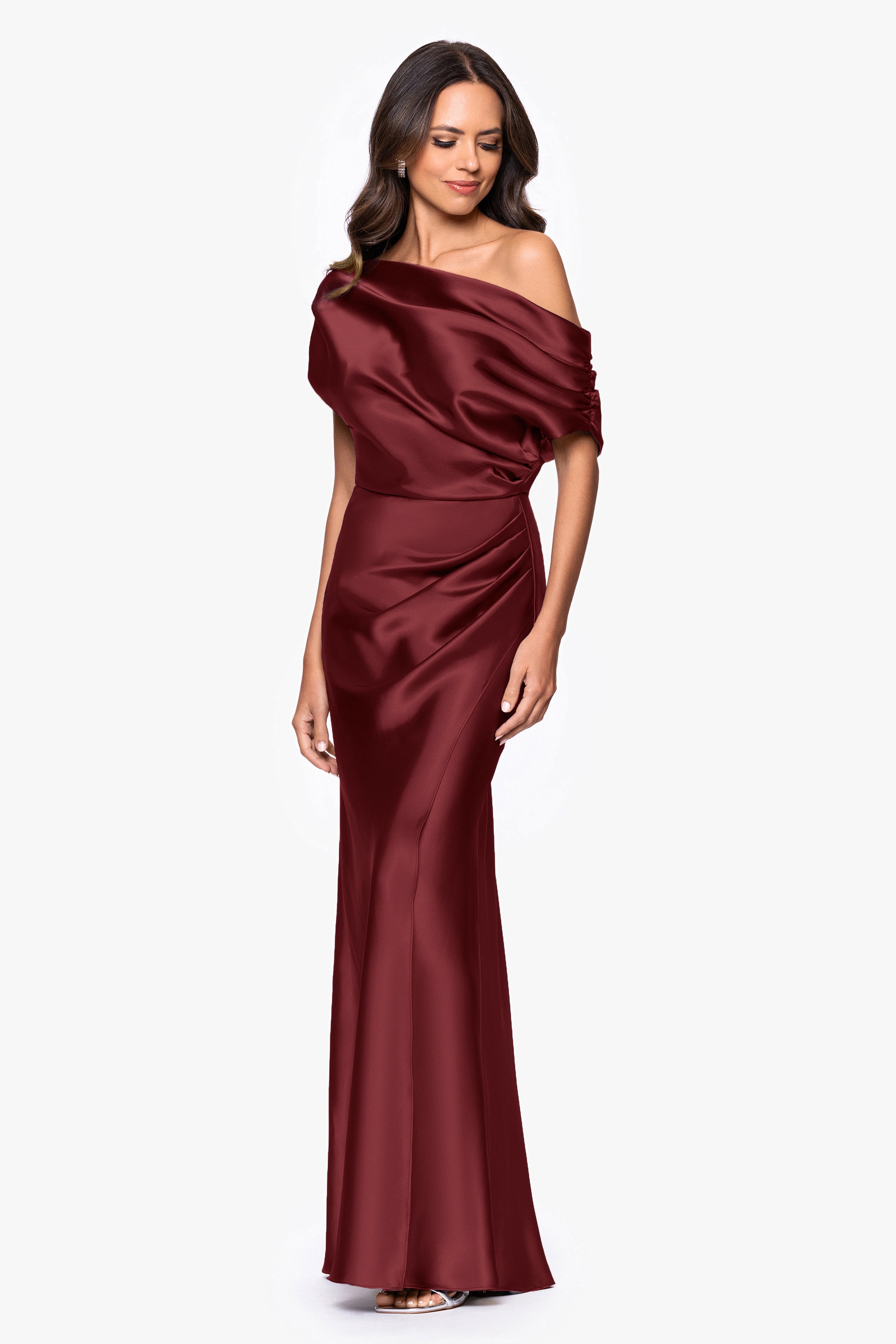 "Sofia" Satin Drop Shoulder Floor Length Dress