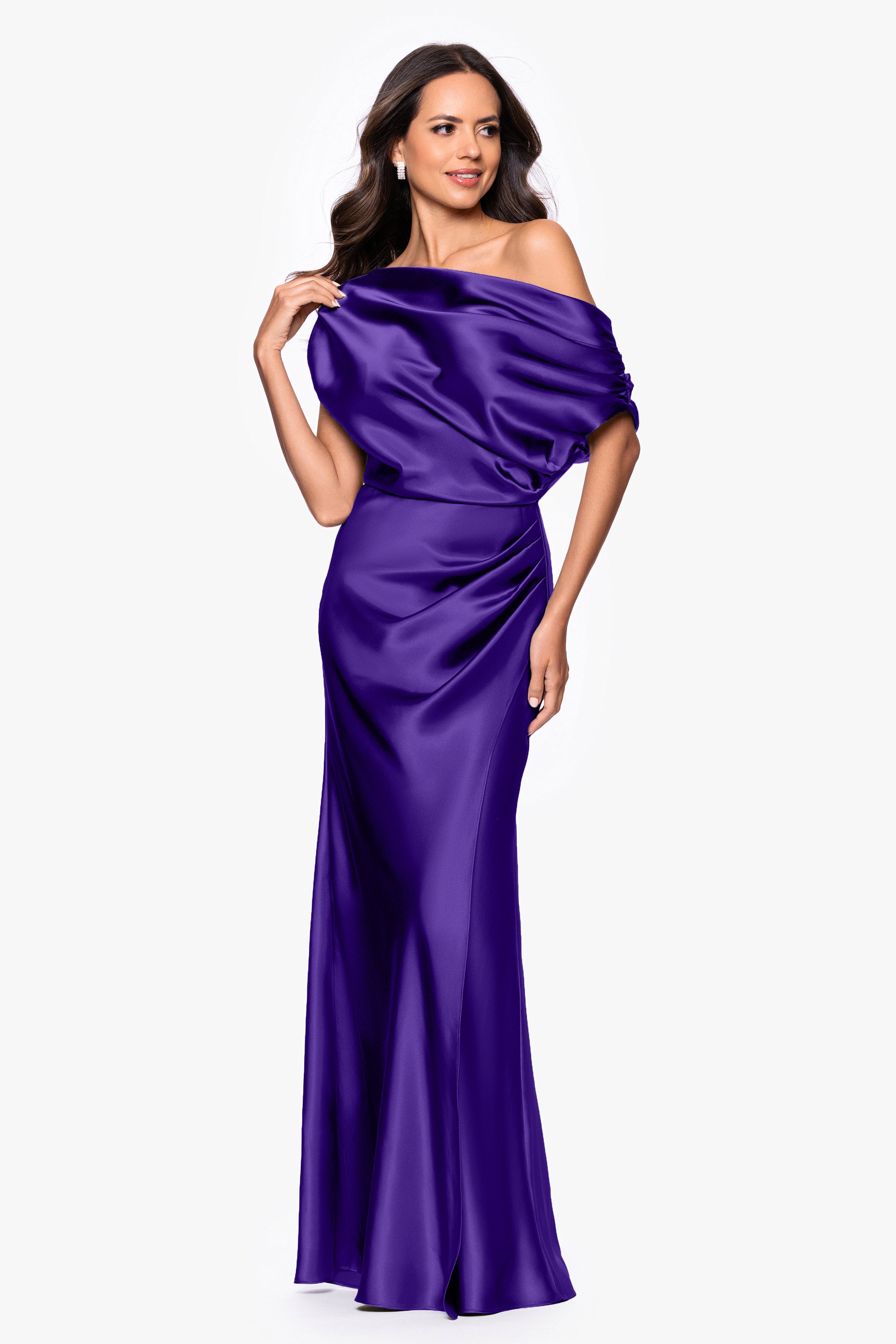 "Sofia" Satin Drop Shoulder Floor Length Dress