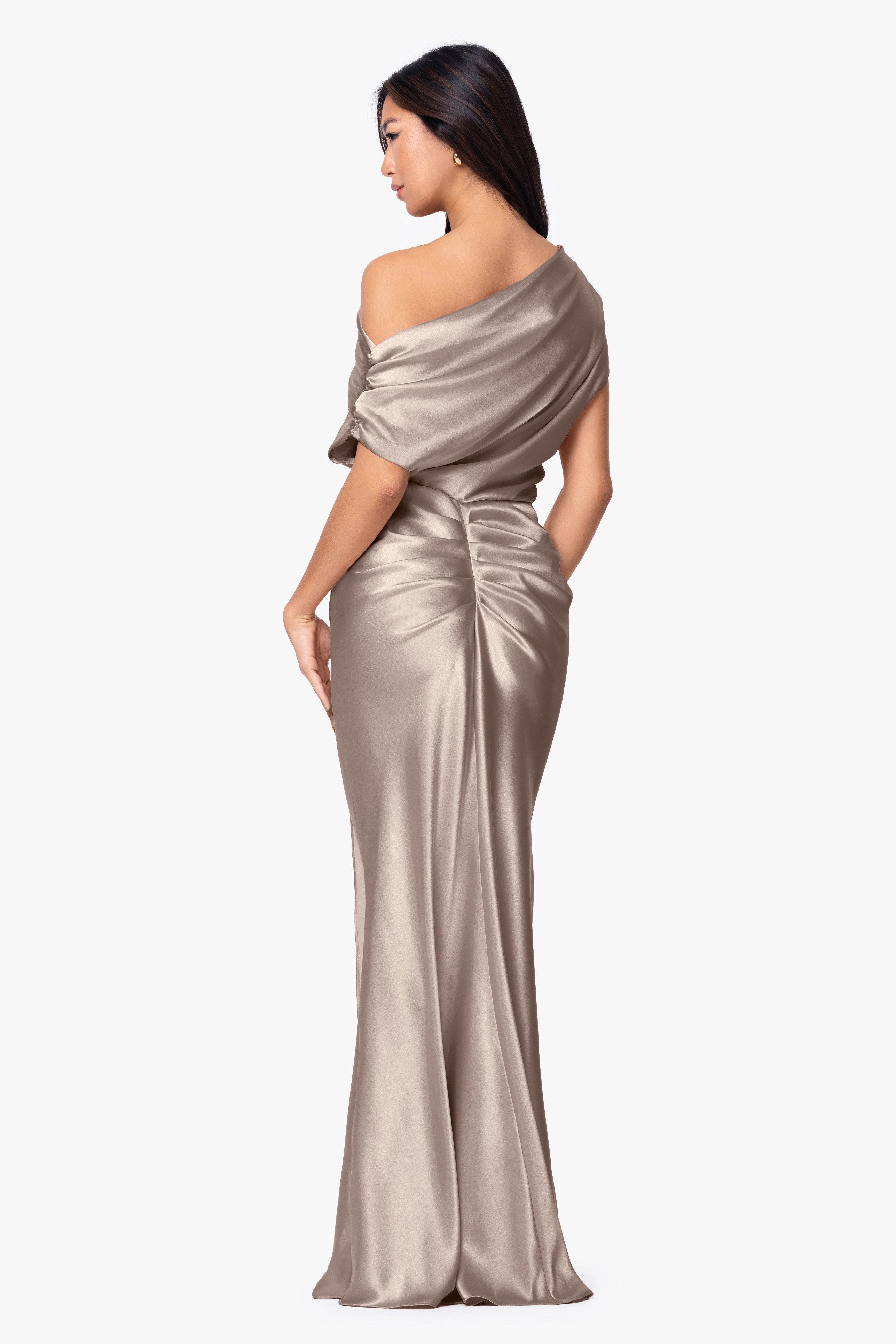 "Sofia" Satin Drop Shoulder Floor Length Dress