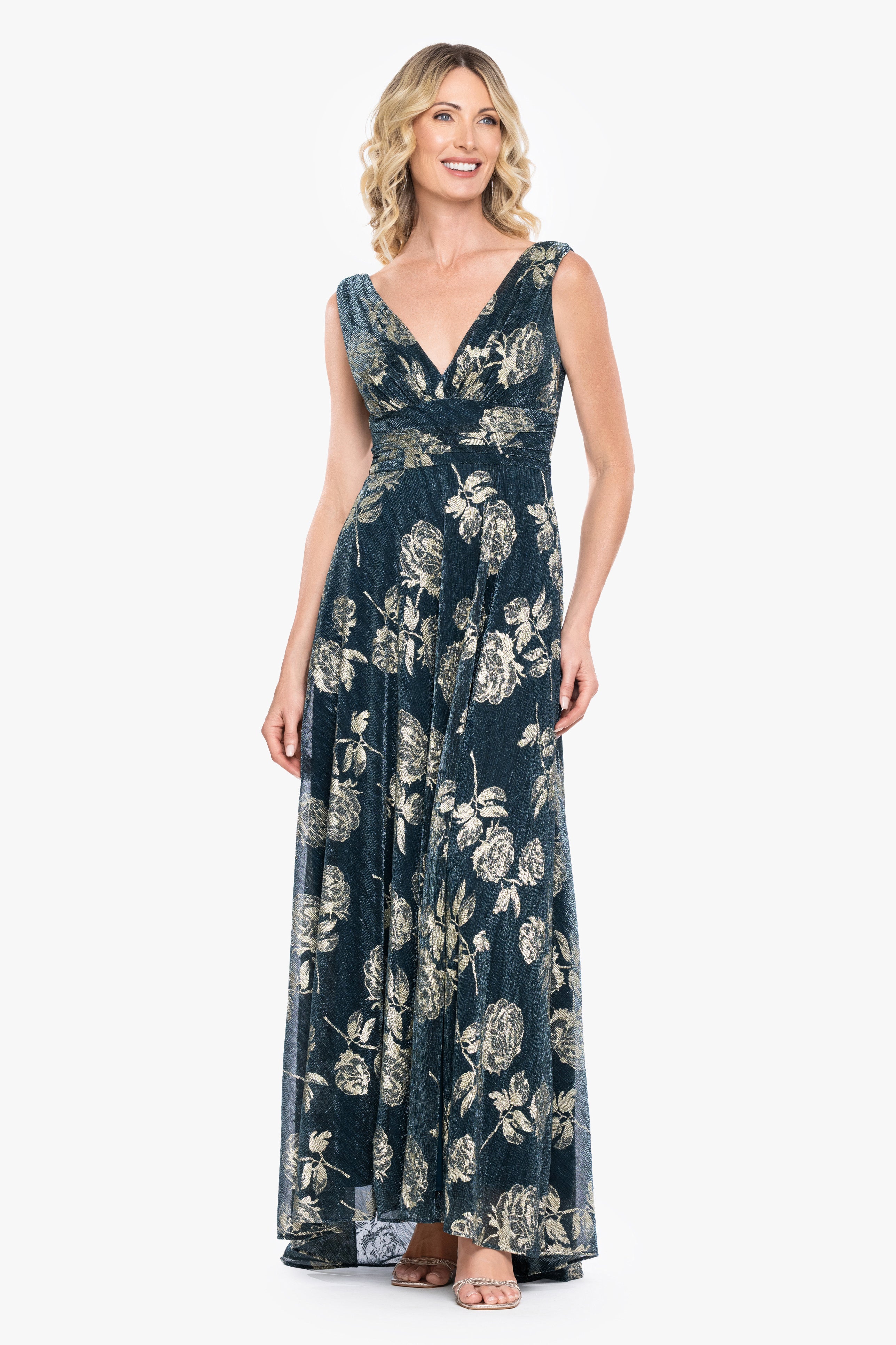 "Cordelia" Metallic Crinkle Print V-Neck Long Dress