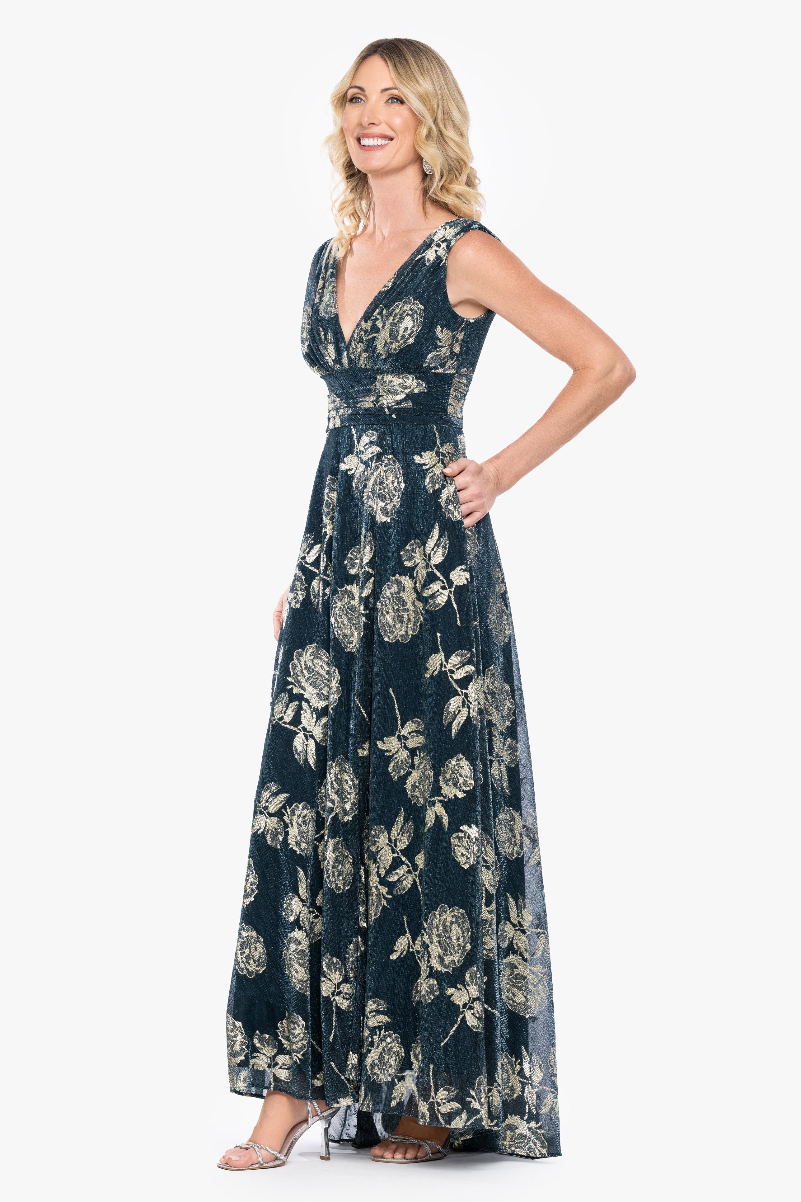 "Cordelia" Metallic Print V-Neck Dress