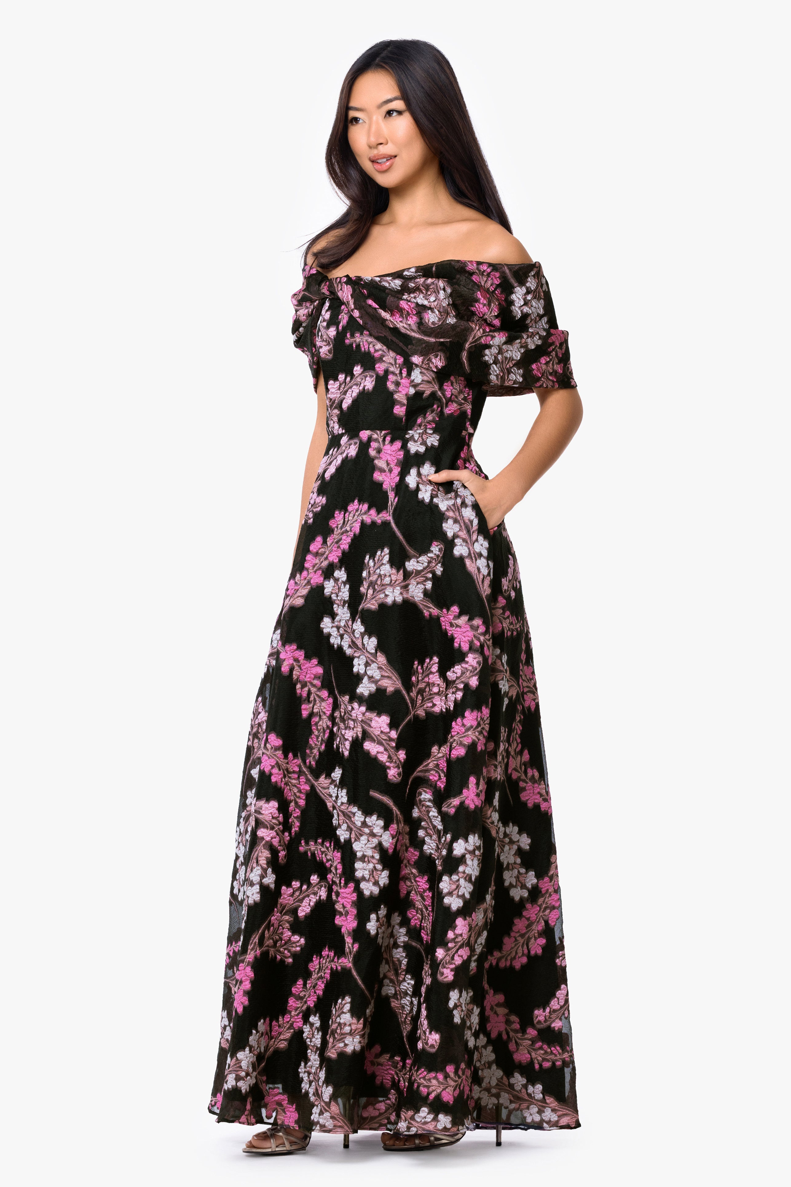 "Amirah" Organza Brocade Off The Shoulder Twist Neck Long Dress