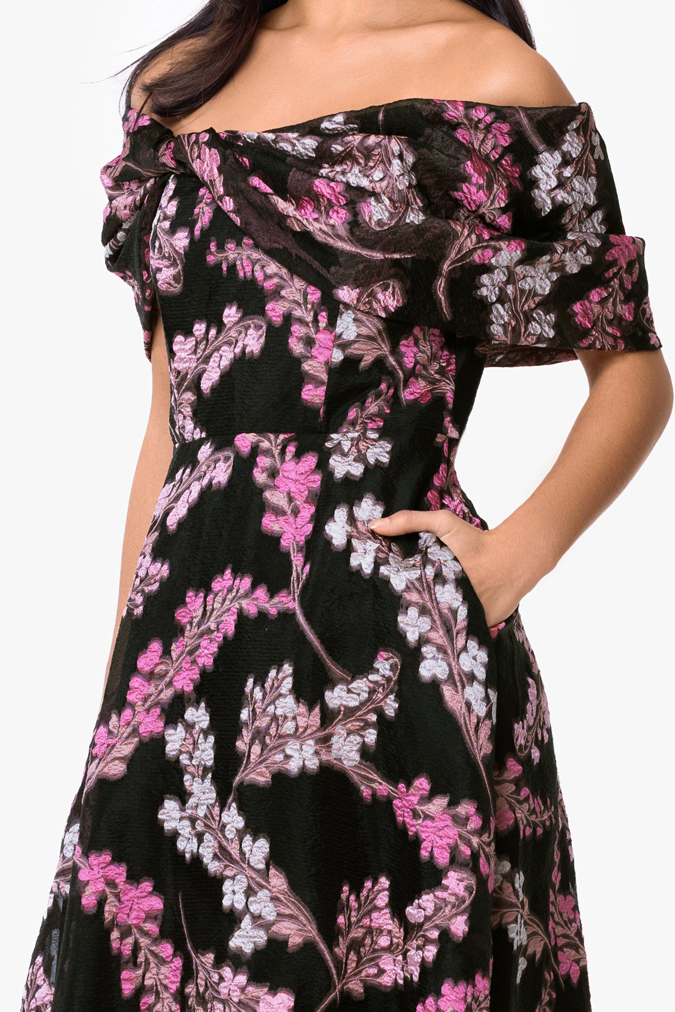 "Amirah" Organza Brocade Off The Shoulder Twist Neck Long Dress