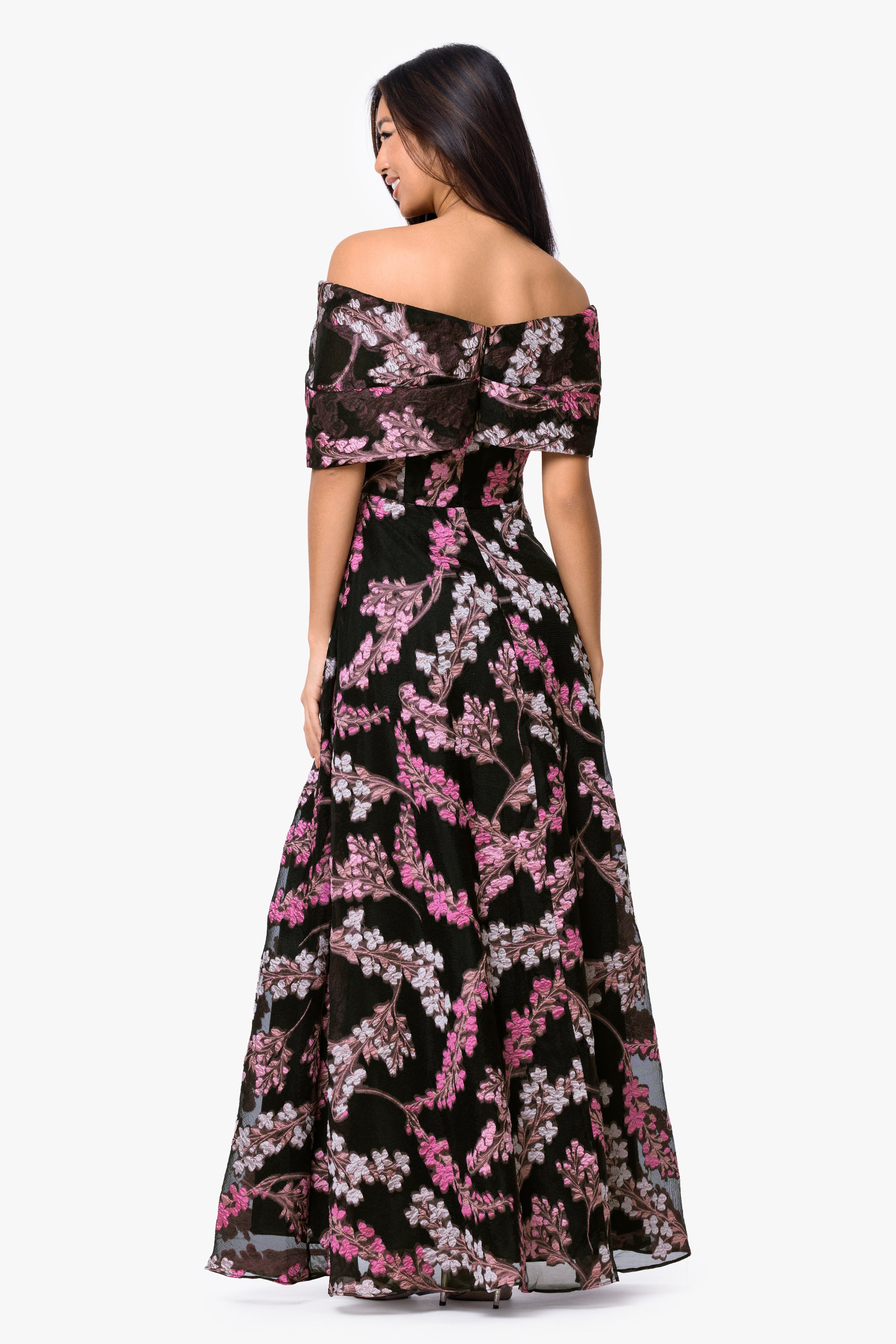 "Amirah" Organza Brocade Off The Shoulder Twist Neck Long Dress