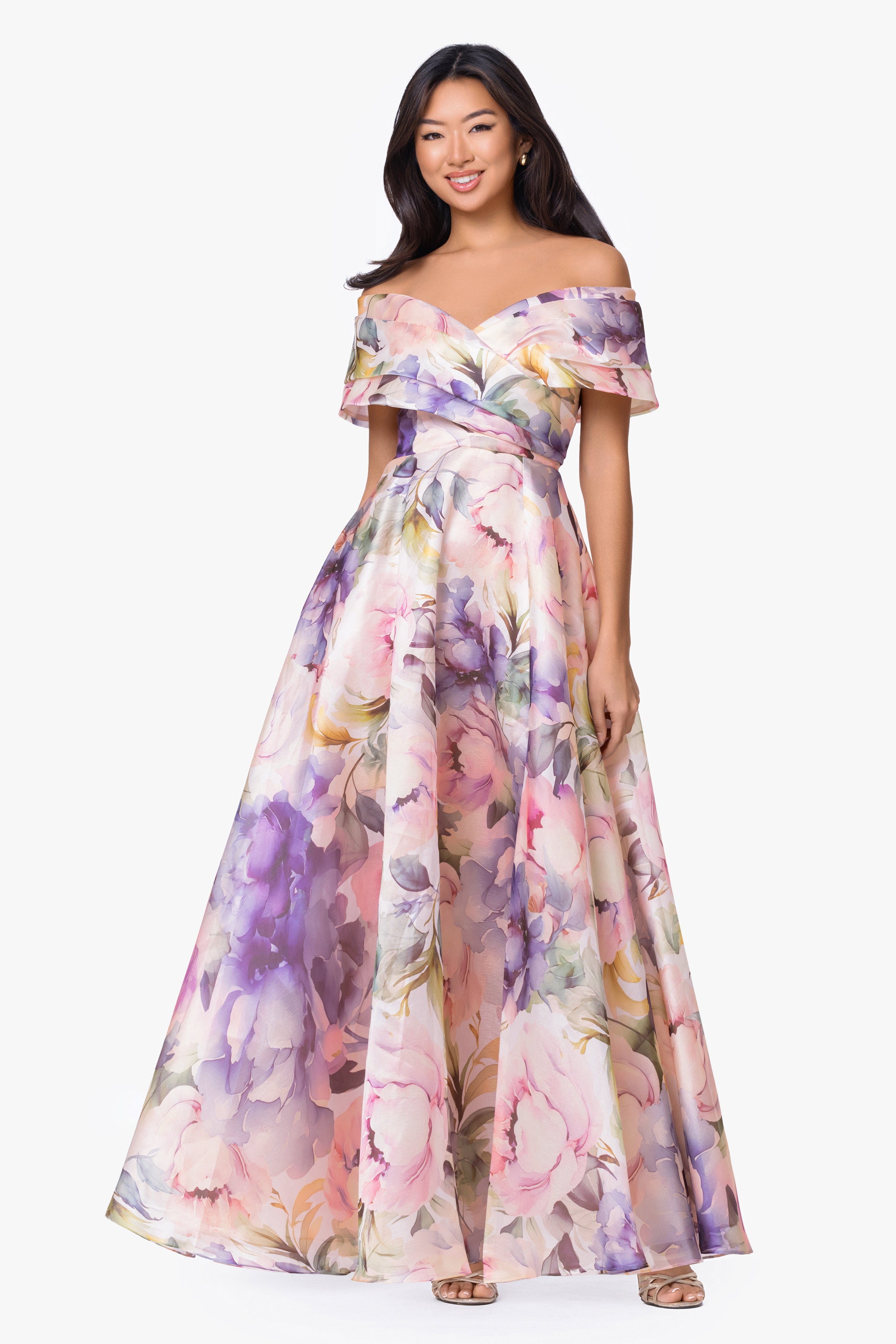 Petite "Serenity" Printed Organza Off-the-Shoulder Dress