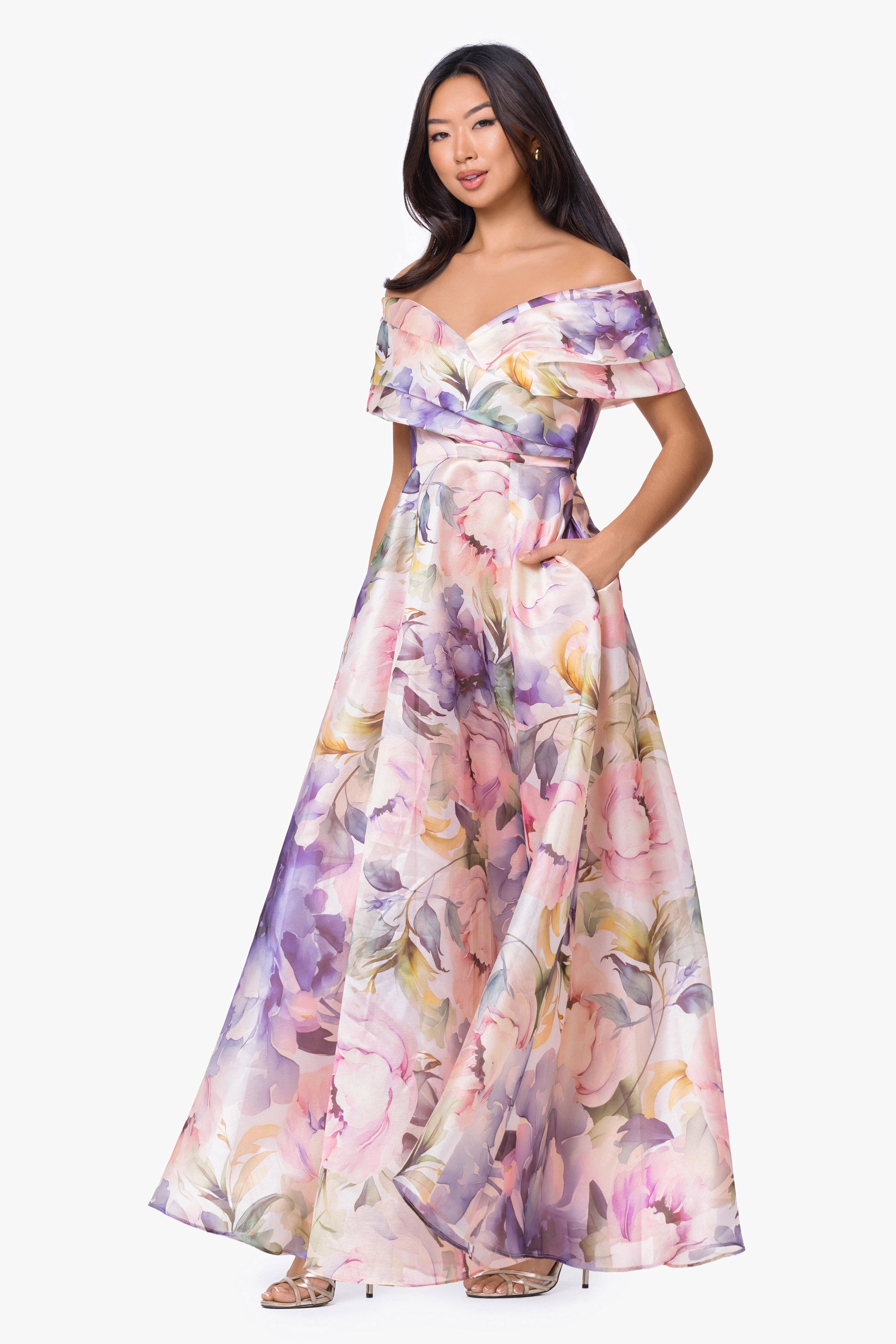 Petite "Serenity" Printed Organza Off-the-Shoulder Dress