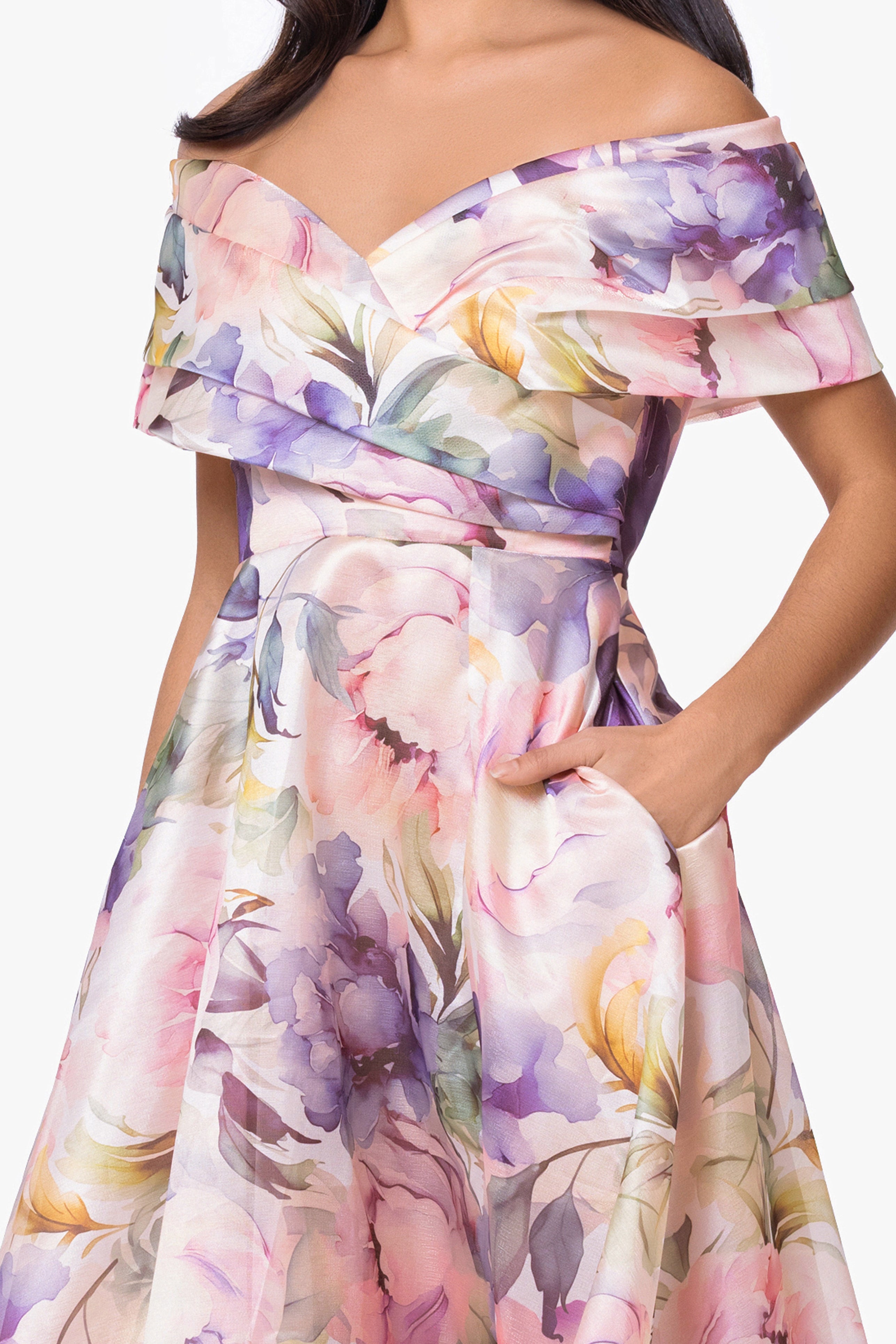 Petite "Serenity" Printed Organza Off-the-Shoulder Dress