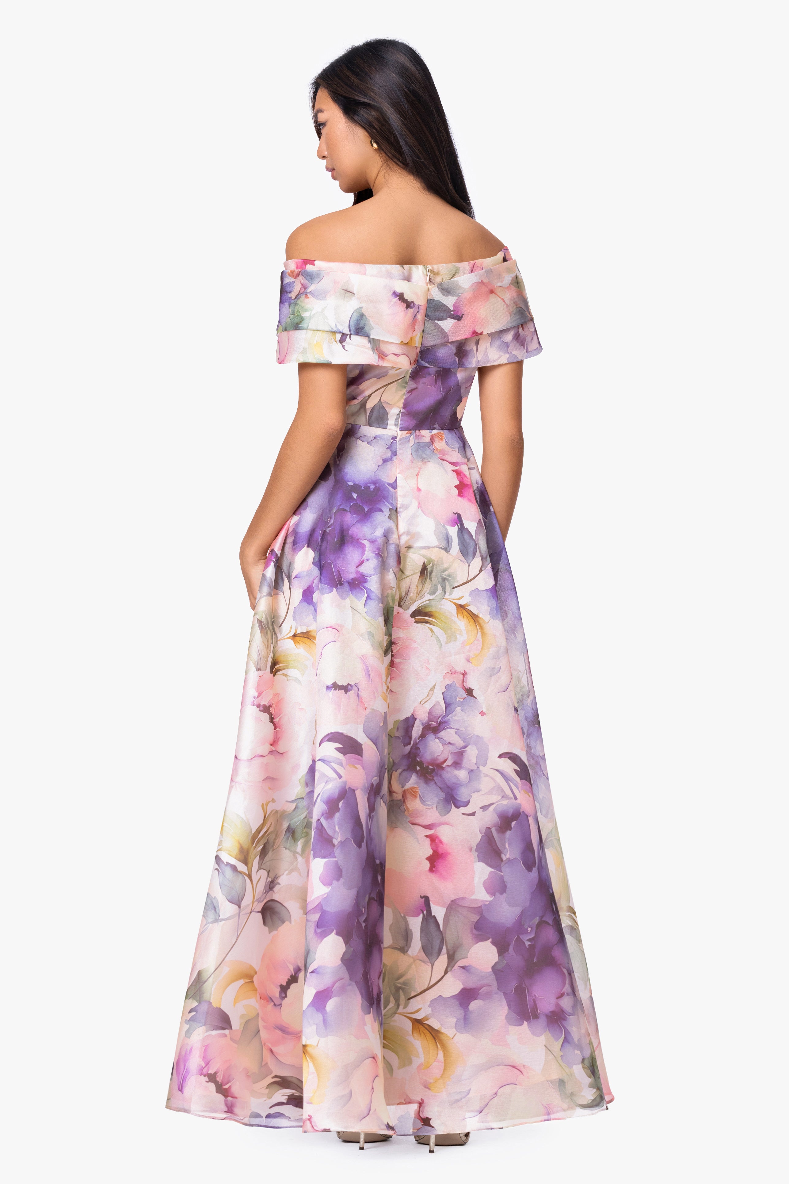 Petite "Serenity" Printed Organza Off-the-Shoulder Dress