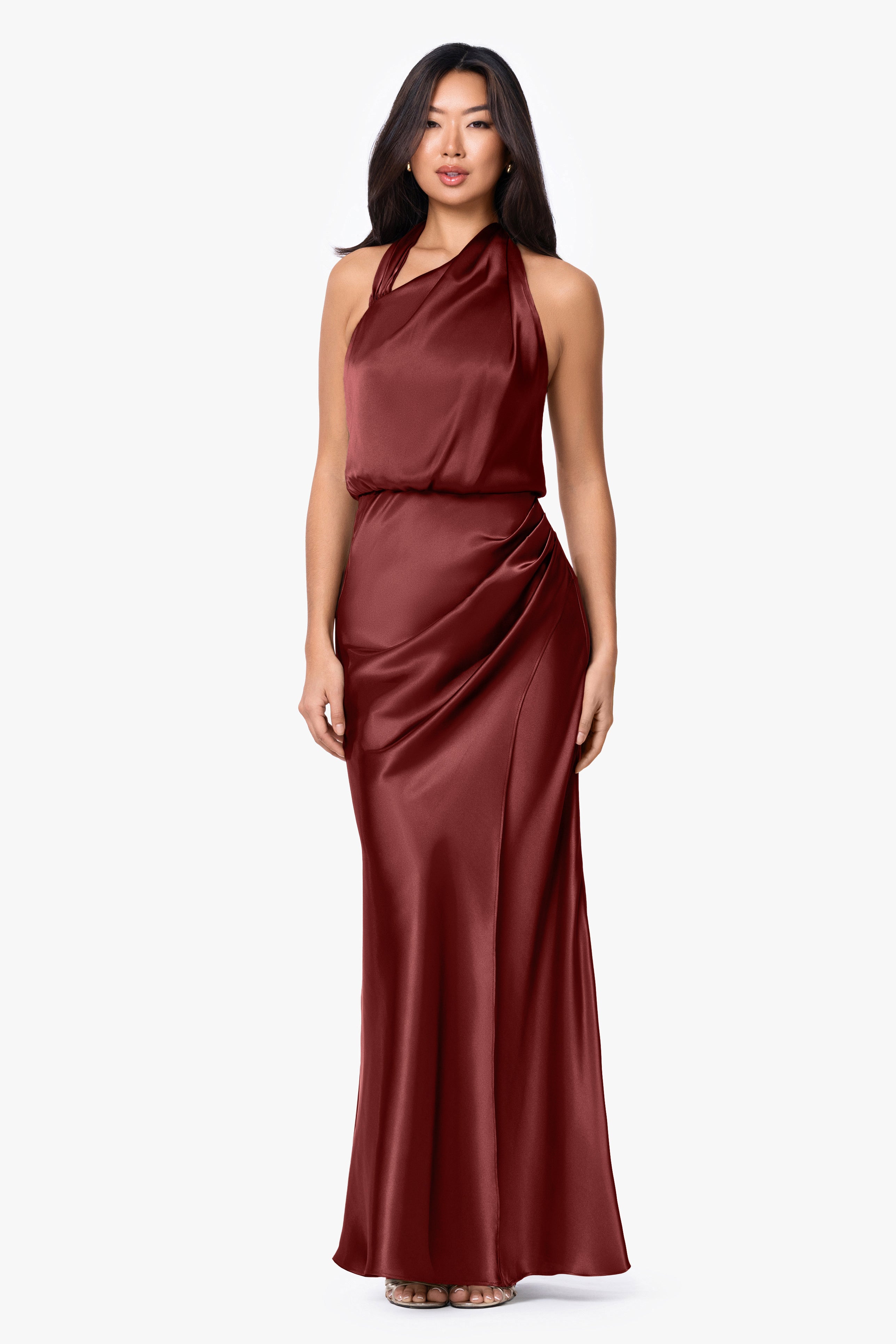 Lara" Charmeuse Halter Rouche Long Dress | Betsy & Adam Lara" Charmeuse Halter Rouche Long Dress | Betsy & Adam