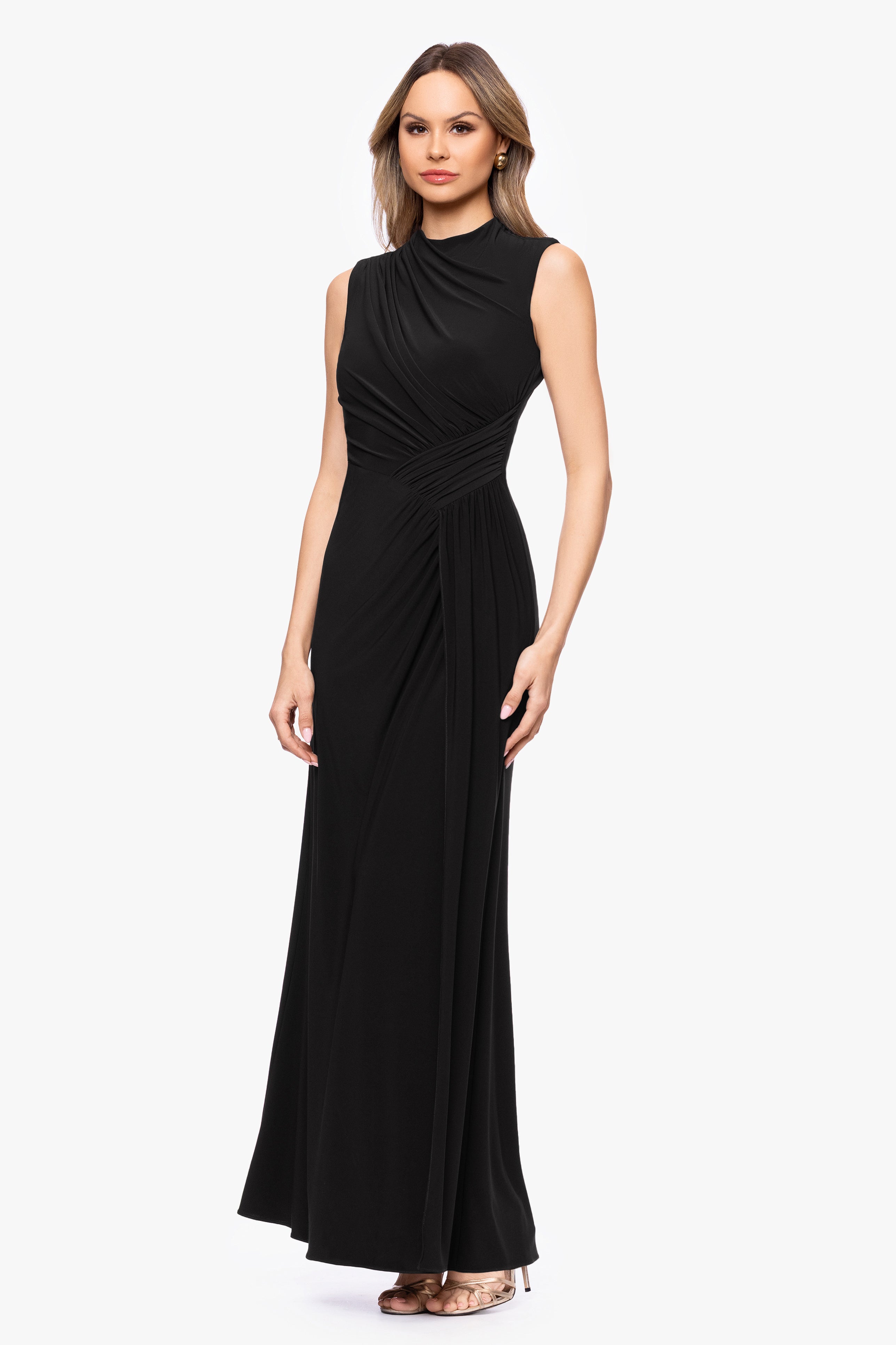 "Perry" Jersey Knit Rouched Floor Length Dress