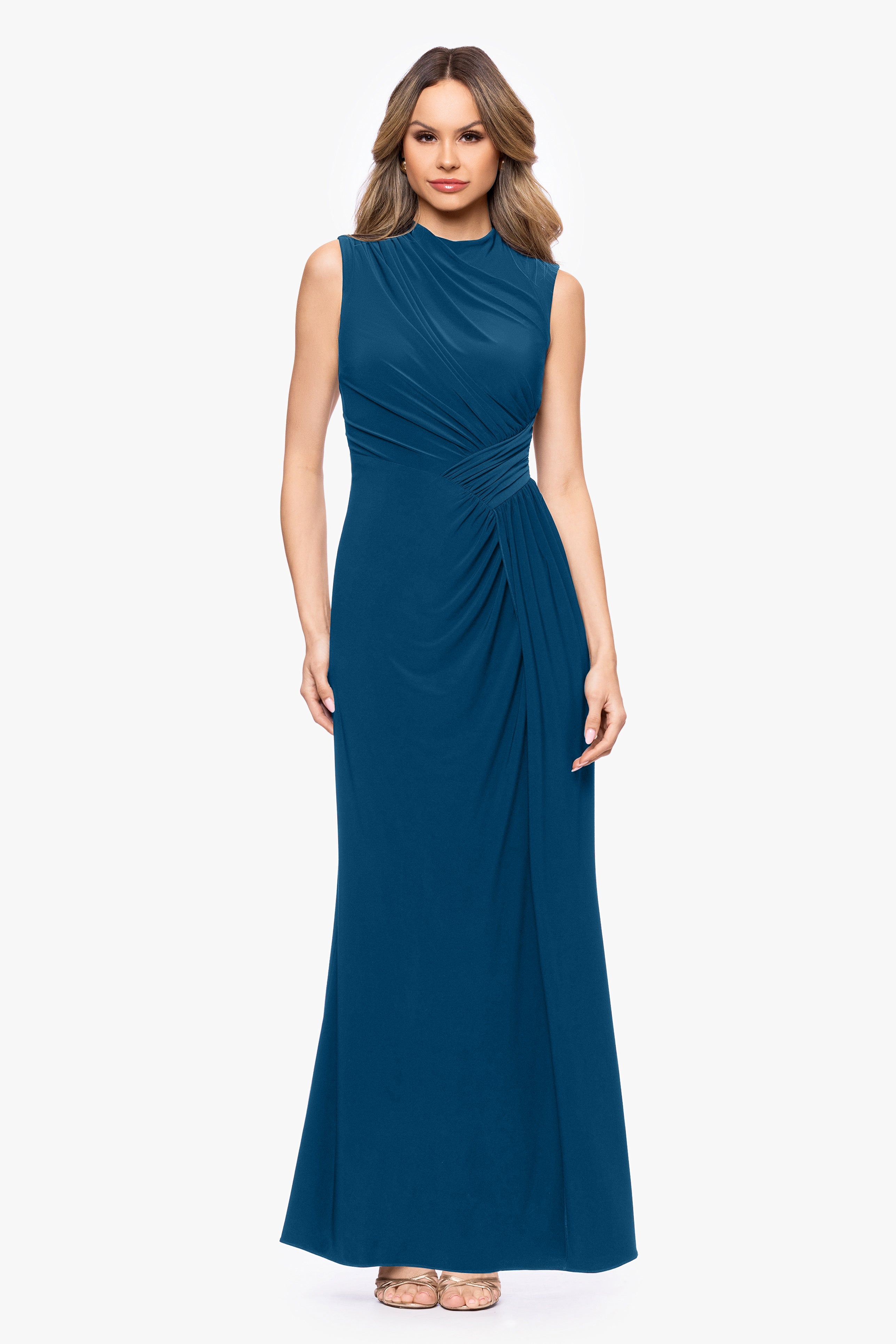 "Perry" Jersey Knit Rouched Floor Length Dress