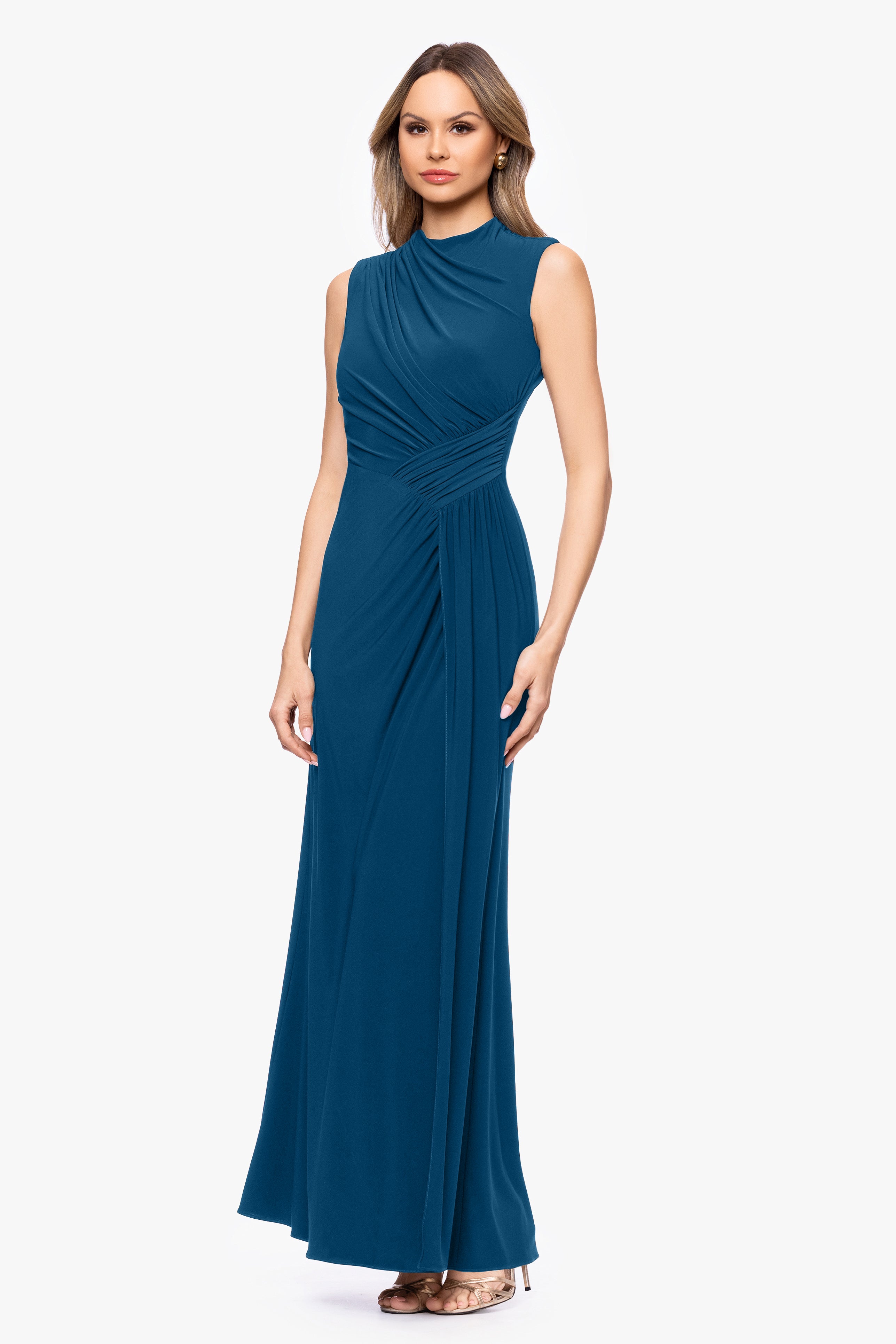 "Perry" Jersey Knit Rouched Floor Length Dress