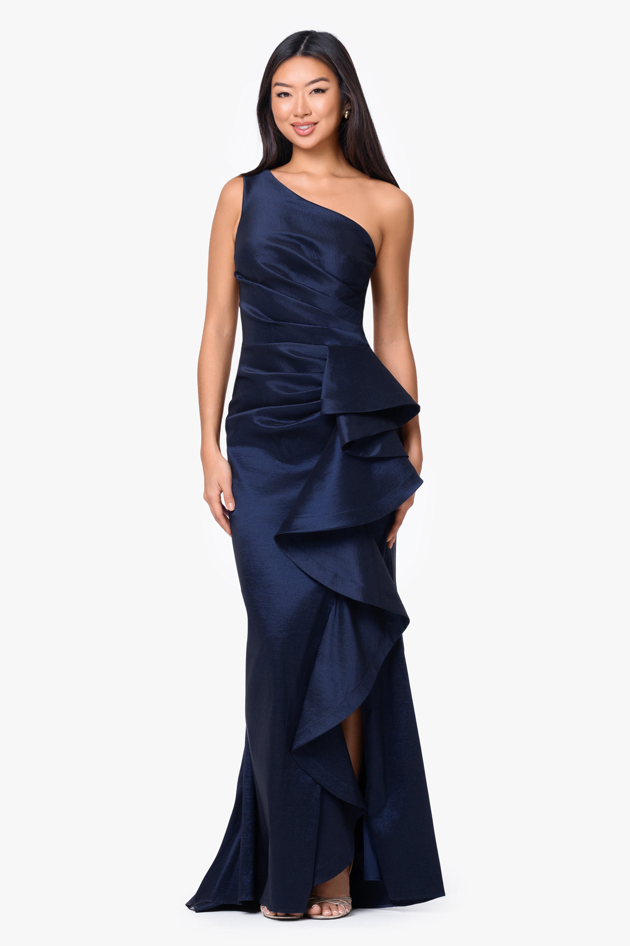 "Evangeline" Taffeta One-Shoulder Long Dress