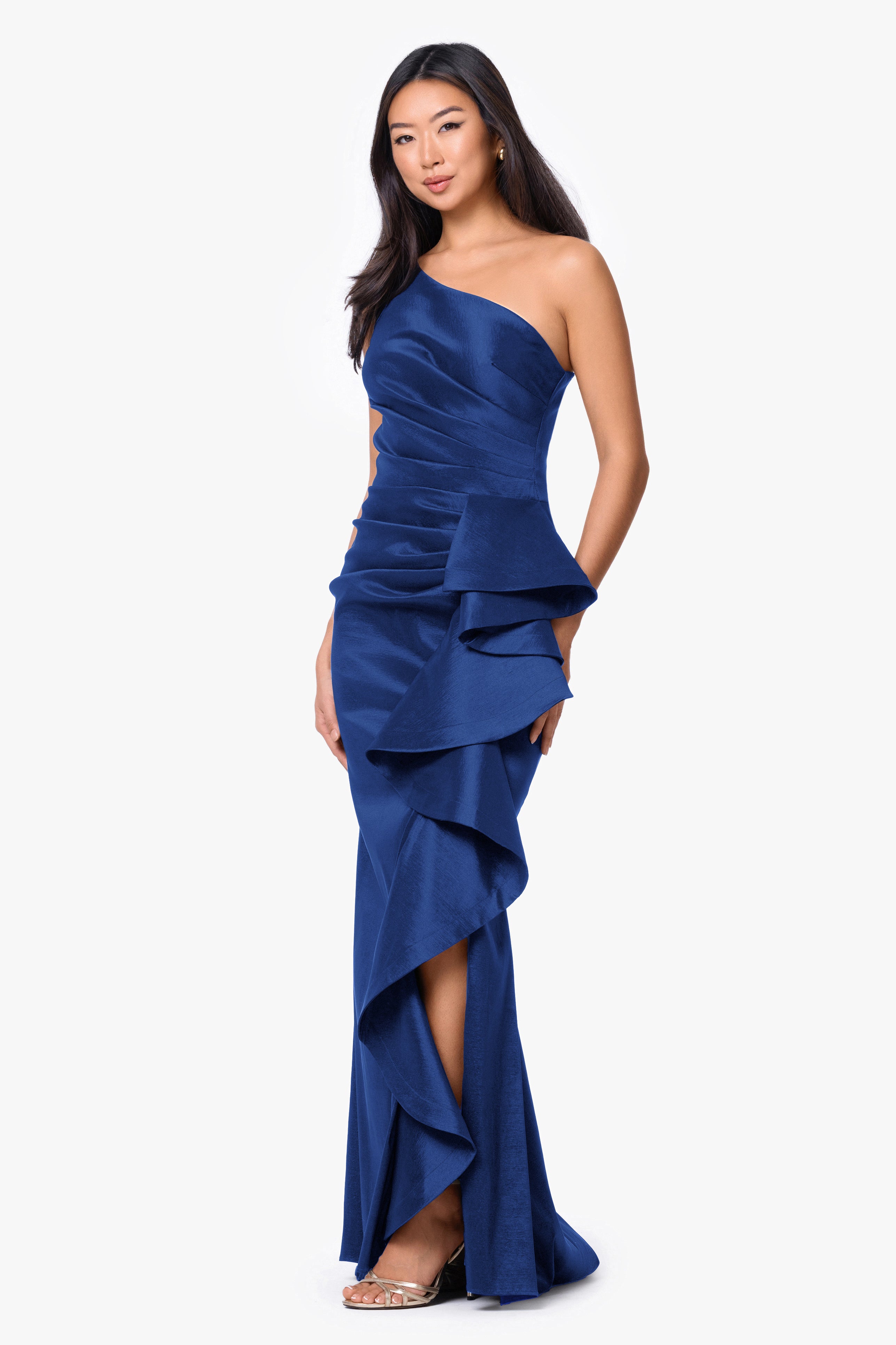 "Evangeline" Taffeta One-Shoulder Long Dress
