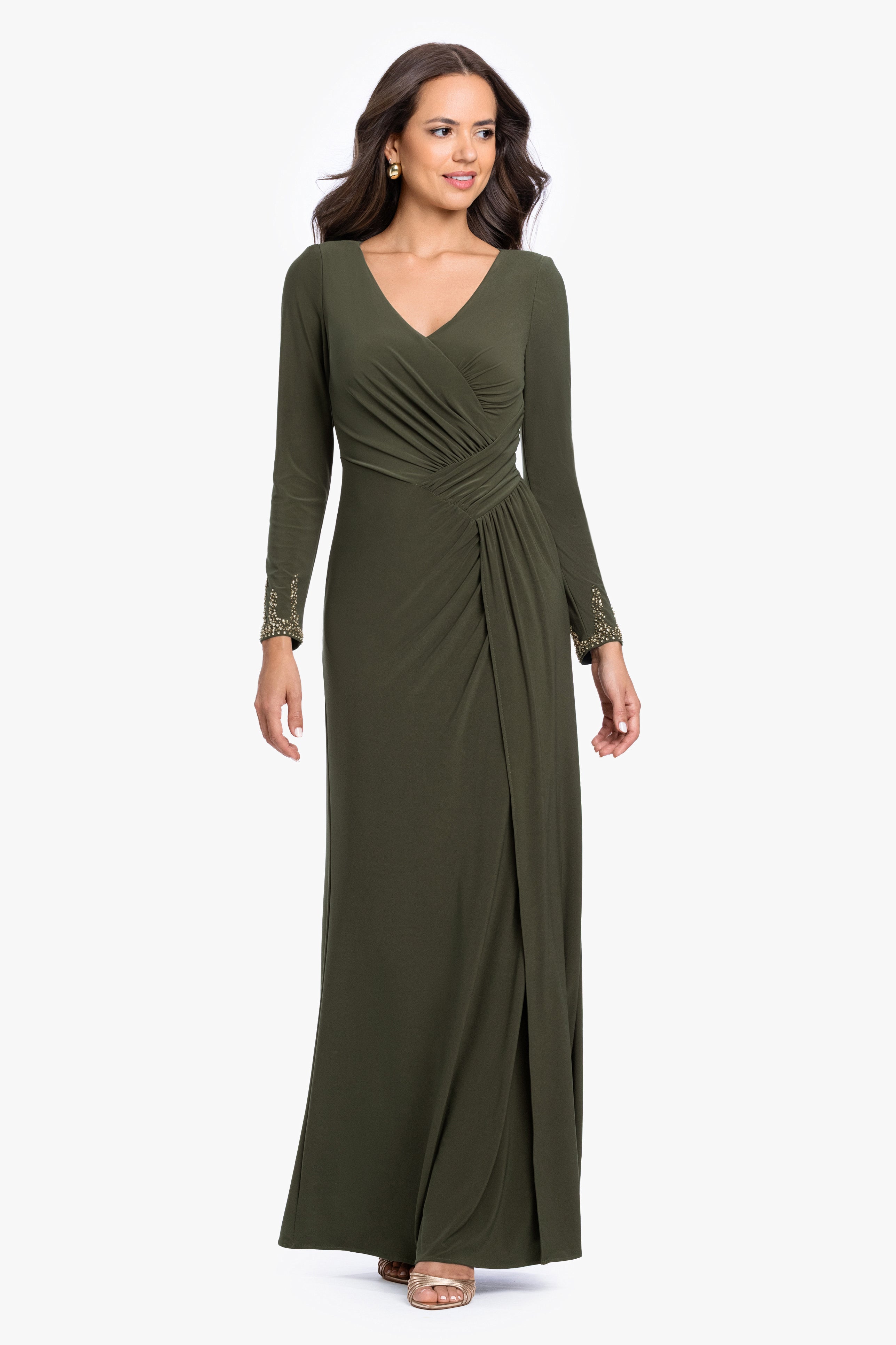 "Taryn" Jersey Knit V-Neck Beaded Long Sleeve Dress