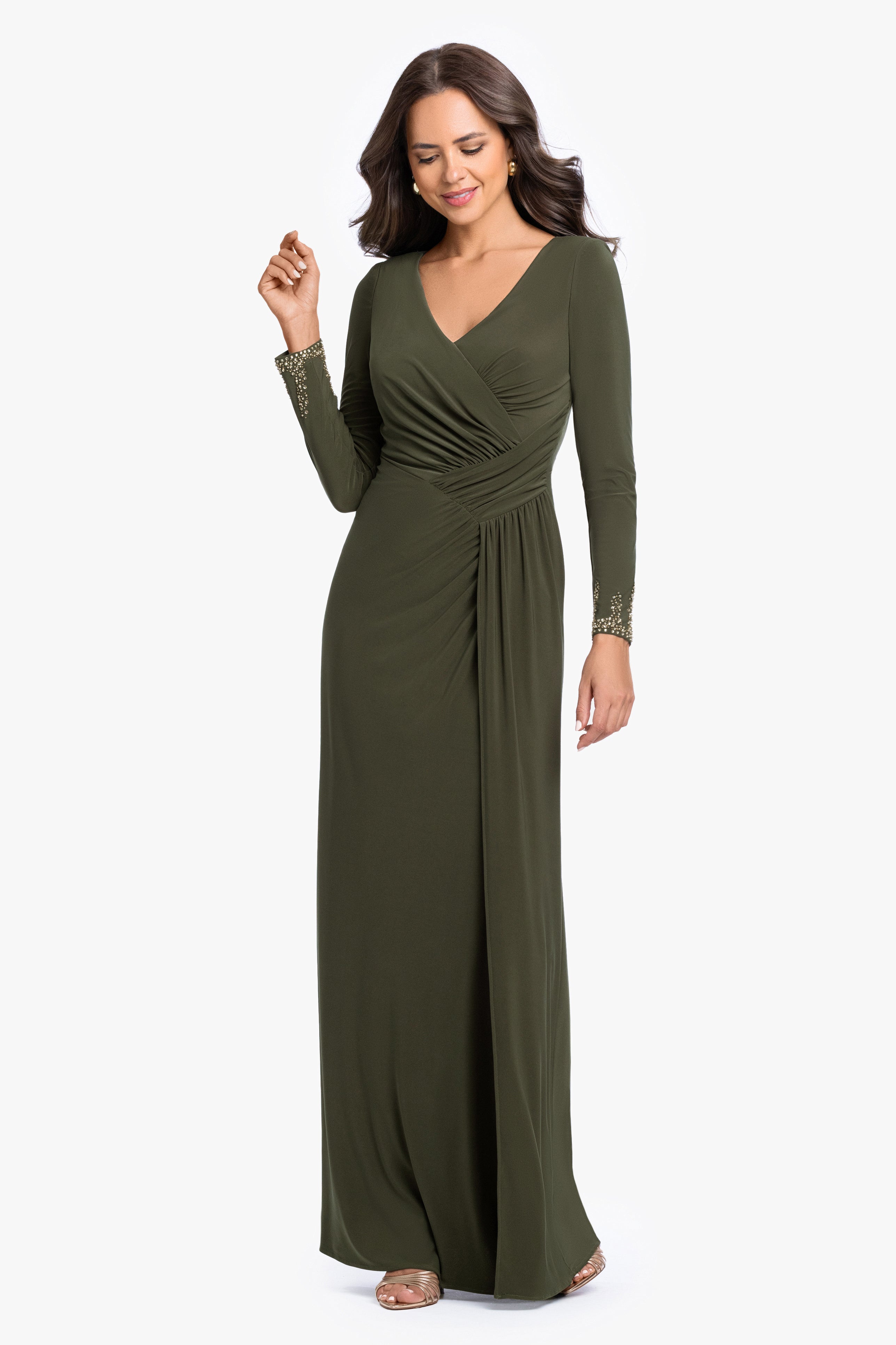 "Taryn" Jersey Knit V-Neck Beaded Long Sleeve Dress