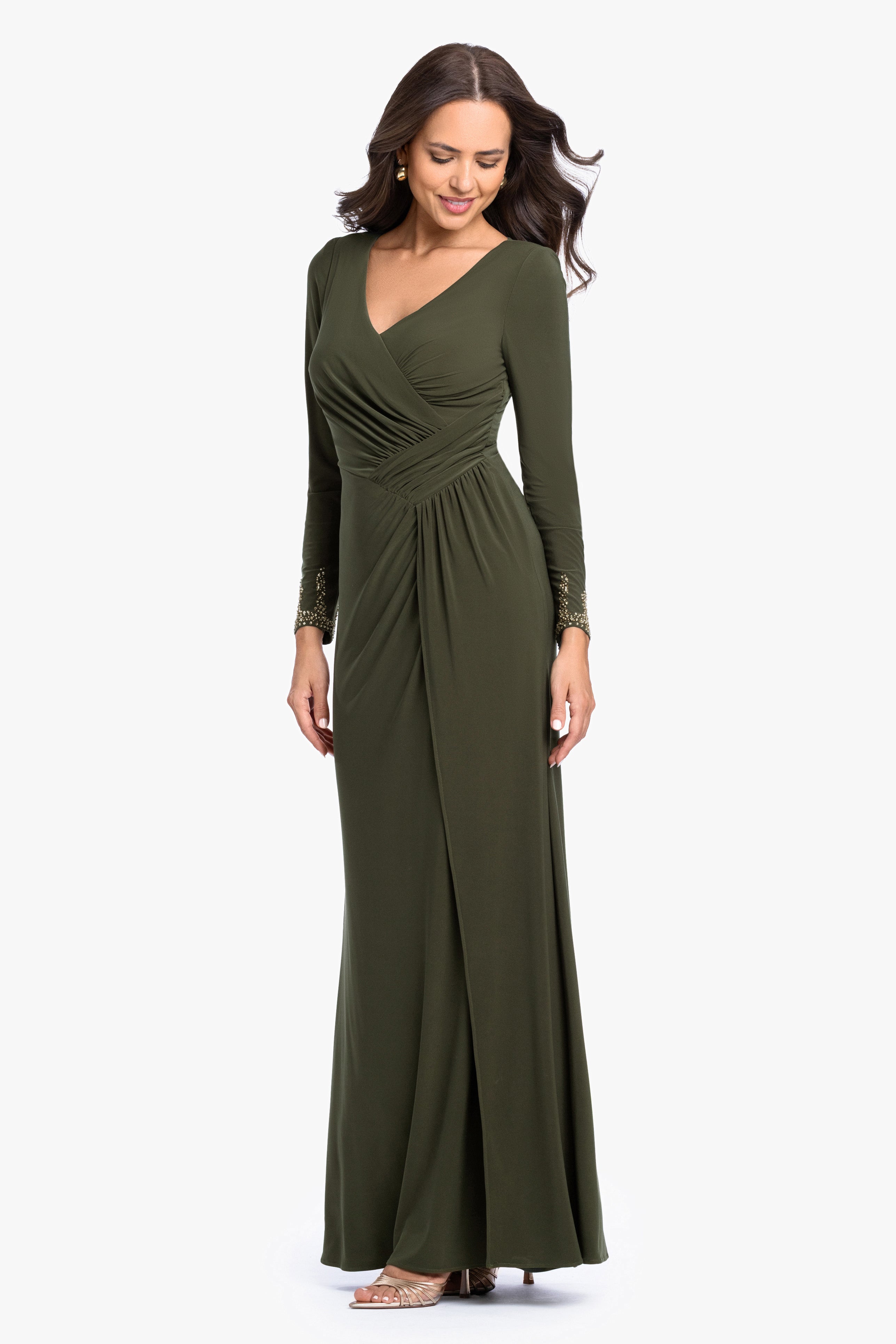 "Taryn" Jersey Knit V-Neck Beaded Long Sleeve Dress