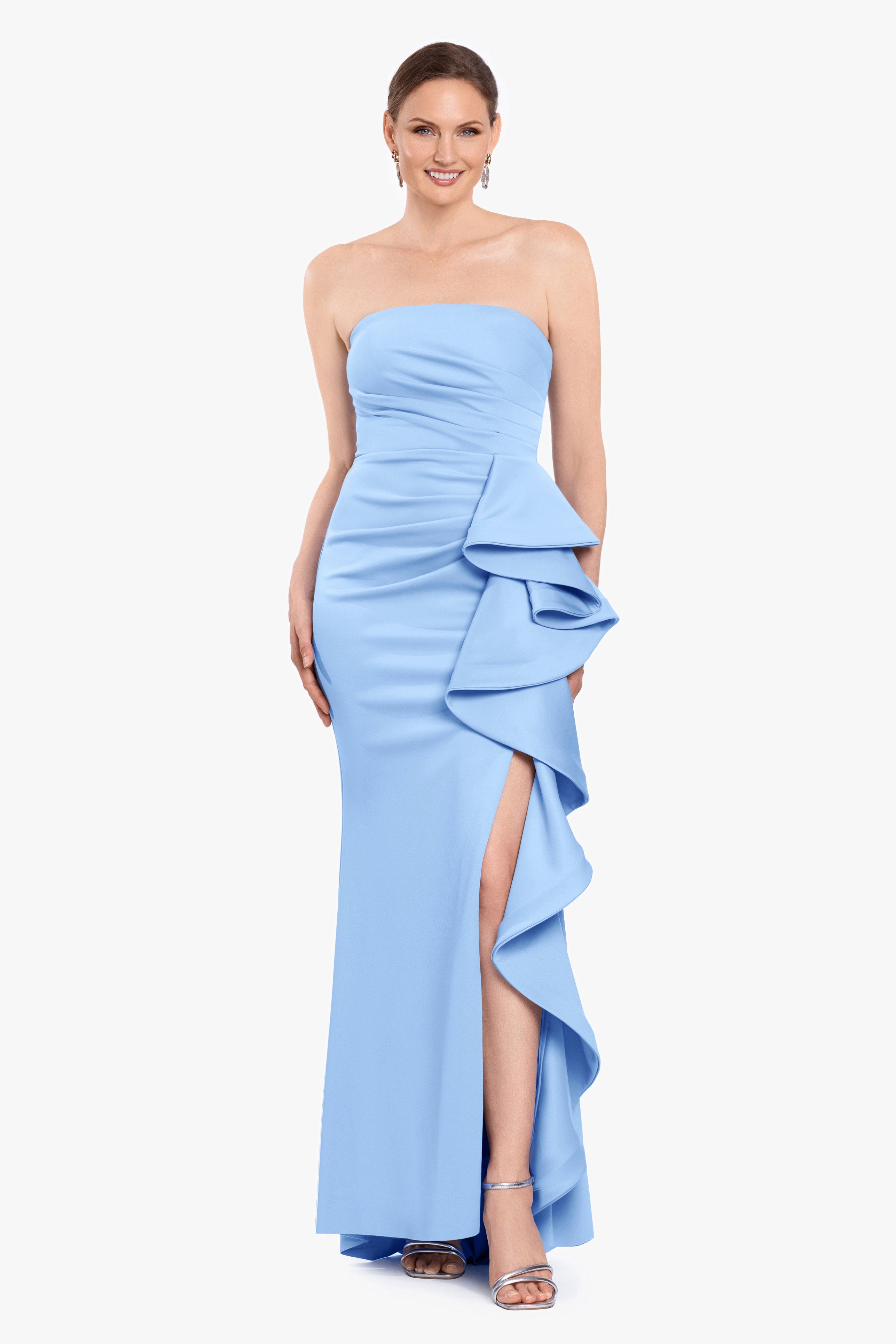 "Davina" Techno Scuba Strapless Ruffle Dress