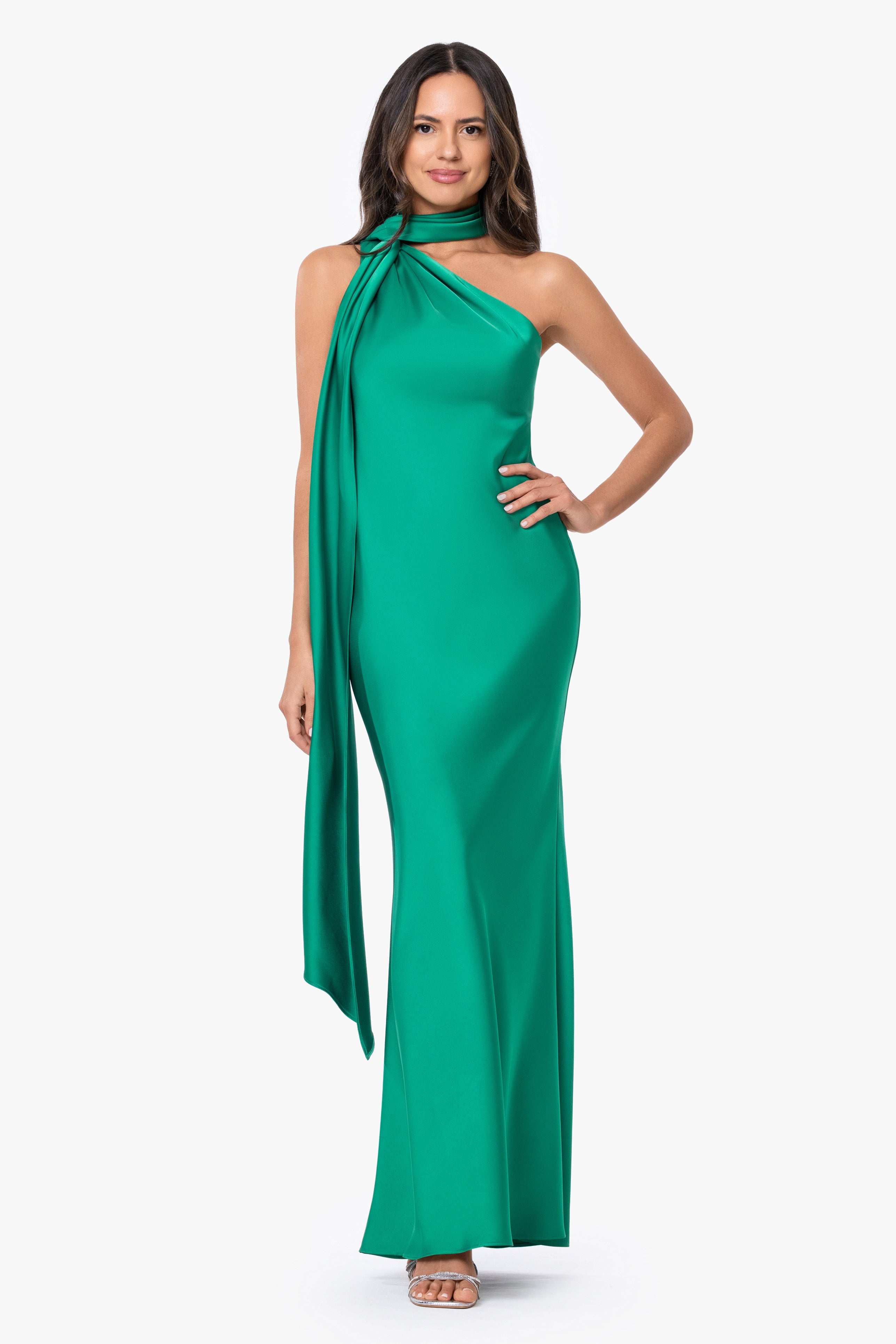 "Fallon" Satin Asymmetrical Necktie Sash Long Dress
