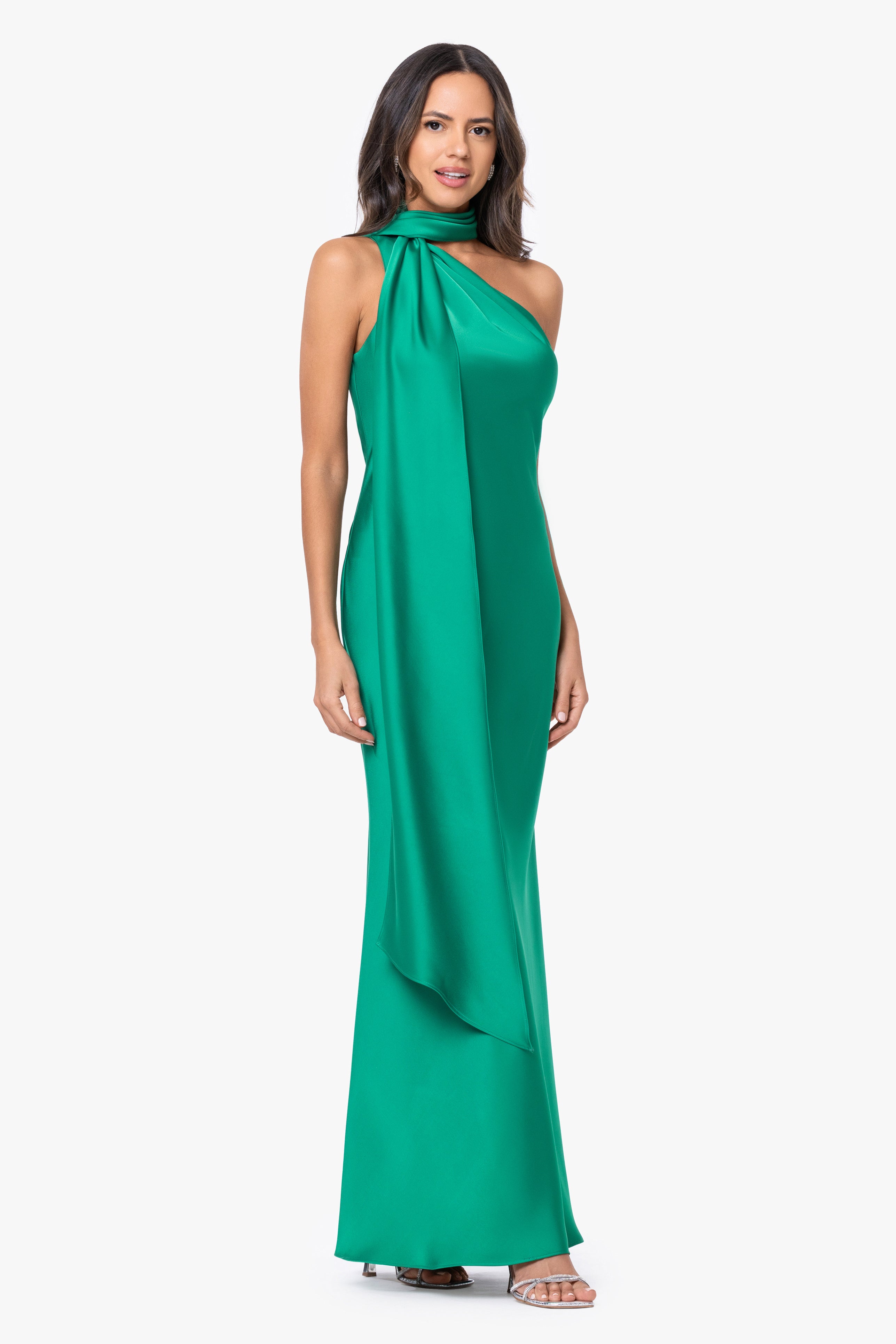 "Fallon" Satin Asymmetrical Necktie Sash Long Dress