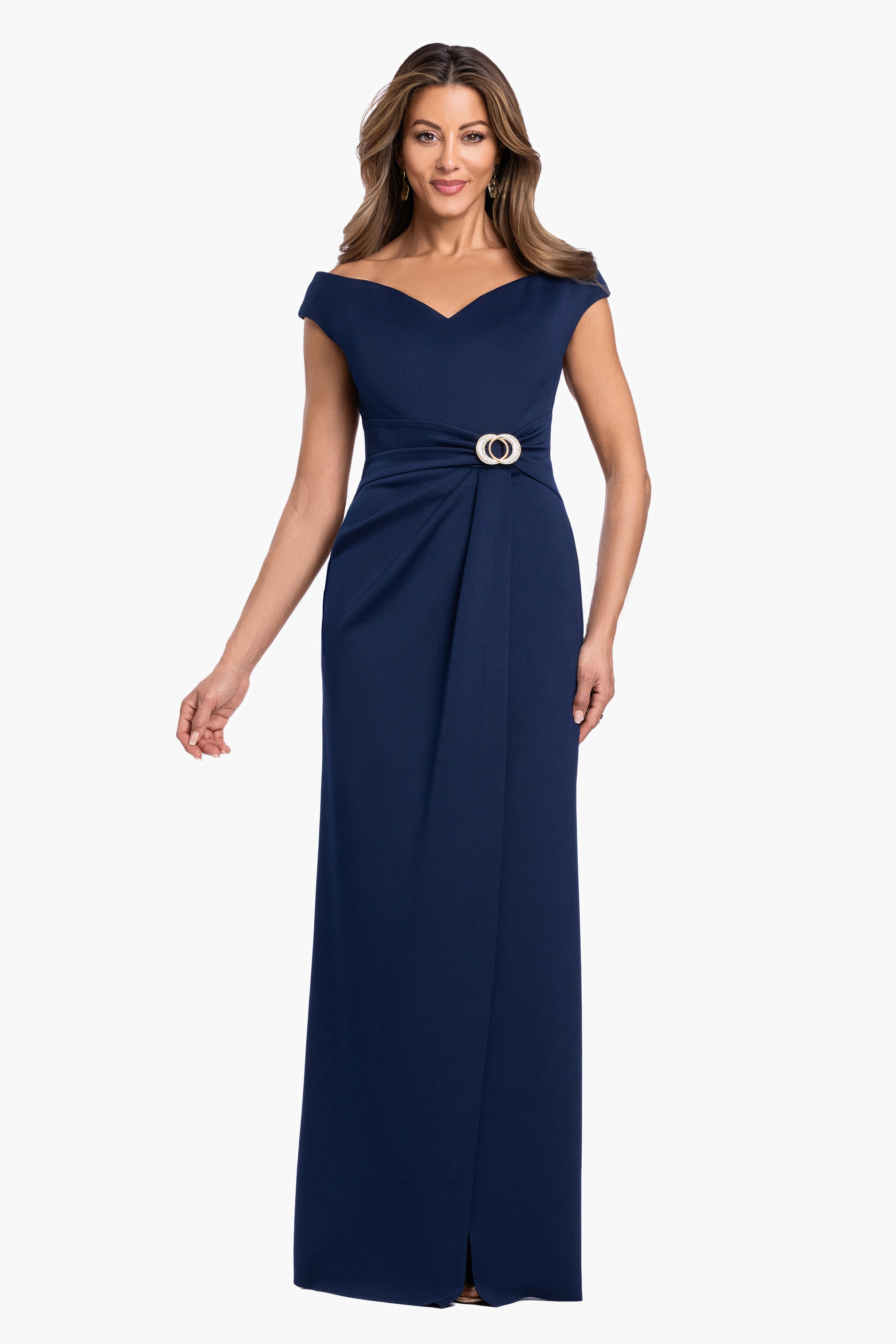 Petite "Shiloh" Techno Scuba Off Shoulder Dress